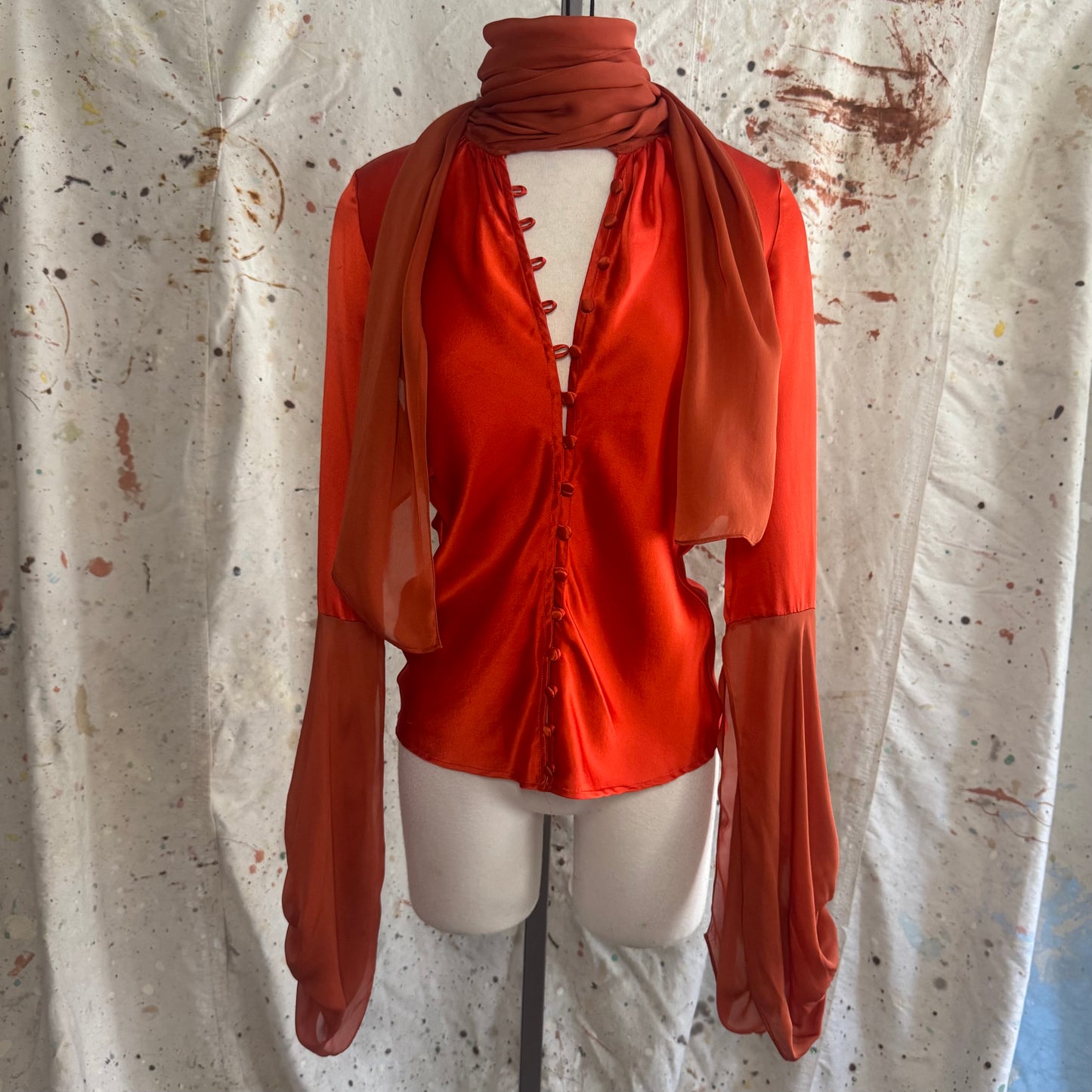 2006 RED/ORANGE ROBERTO CAVALLI SILK PUFF SLEEVE BUTTON DOWN TIE TOP
