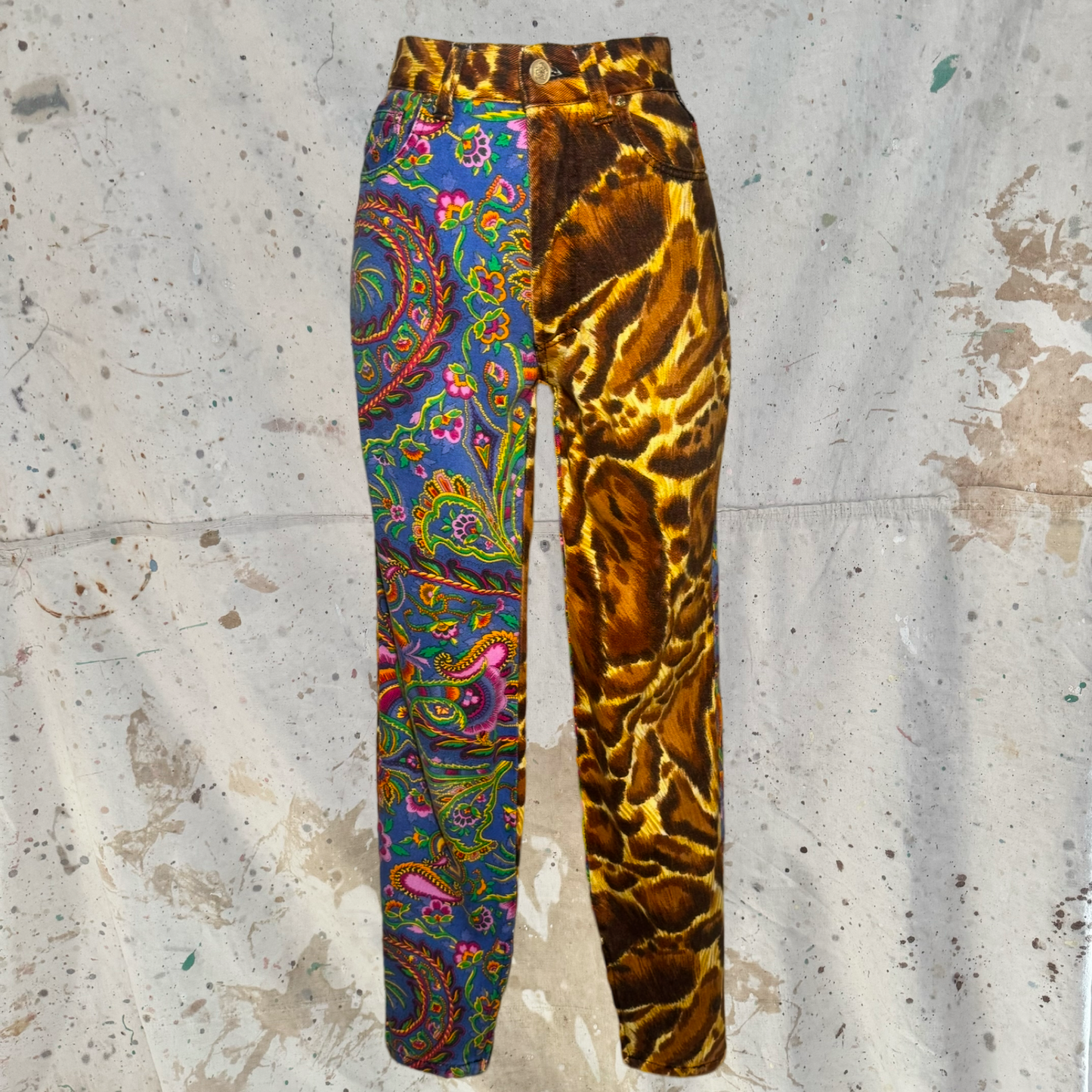 1994 VERSACE JEANS COUTURE LEOPARD PAISLEY BROCADE HIGH WAISTED PANTS