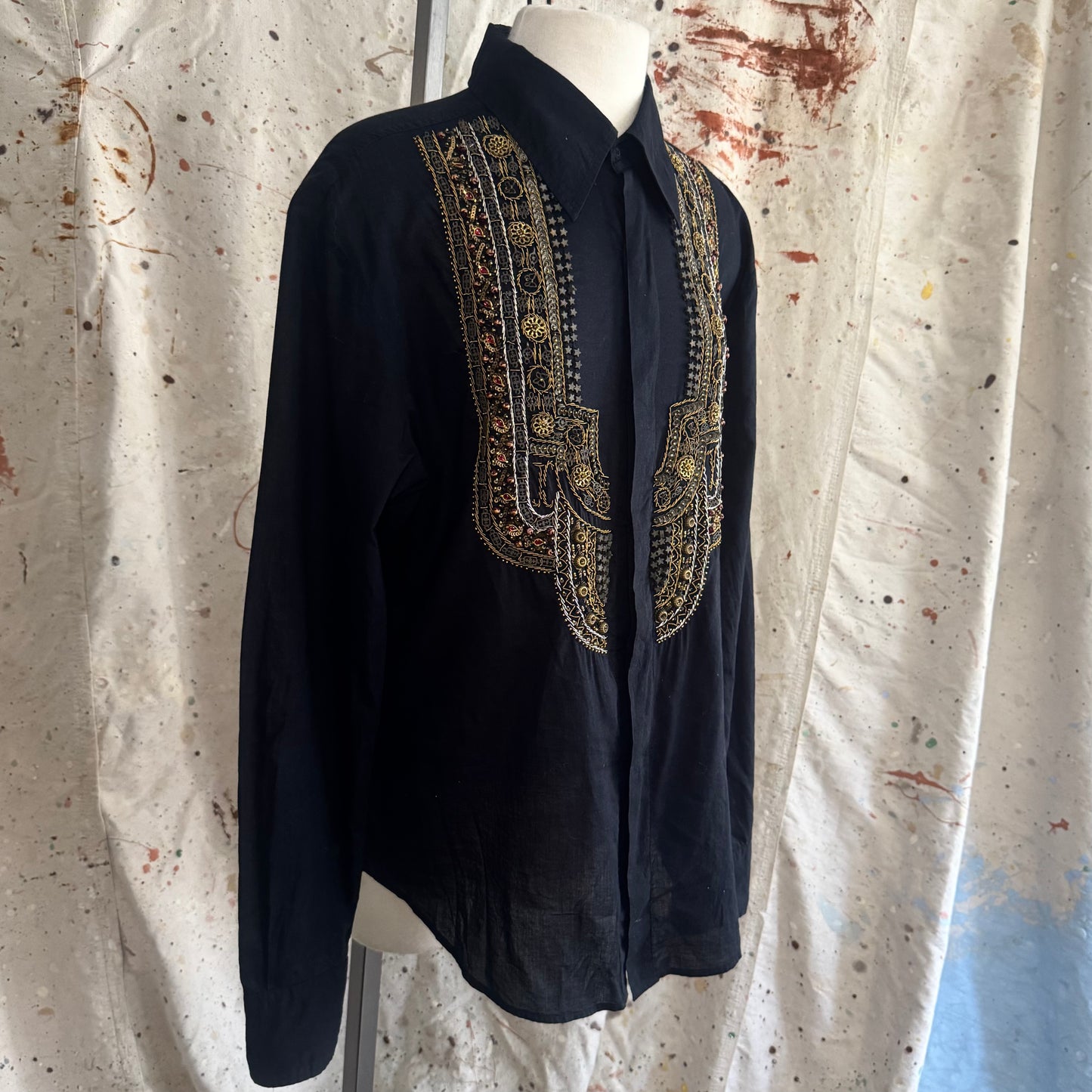 2000s ROBERTO CAVALLI MENS BEADED EMBROIDERED BUTTON UP COLLARED SHIRT 52