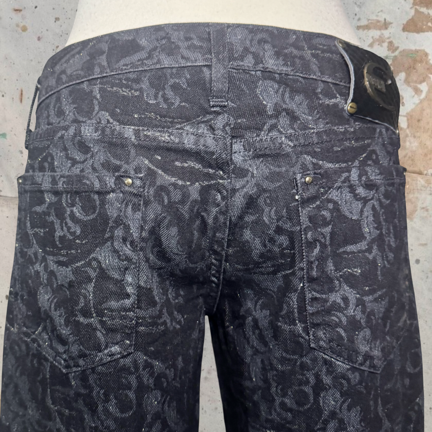 ROBERTO CAVALLI JUST CAVALLI BLACK GLITTER GRAPE ALL OVER PRINTED JEANS
