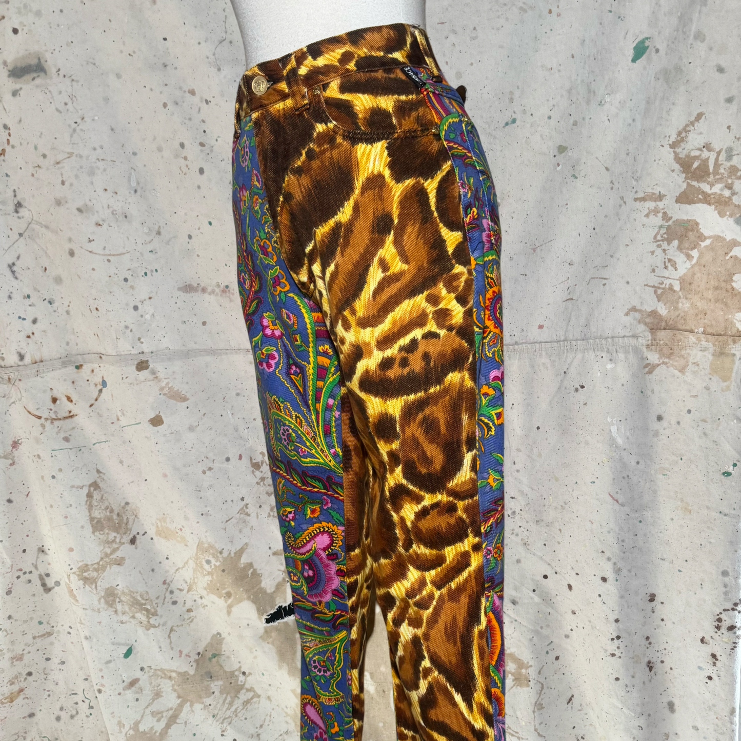 1994 VERSACE JEANS COUTURE LEOPARD PAISLEY BROCADE HIGH WAISTED PANTS
