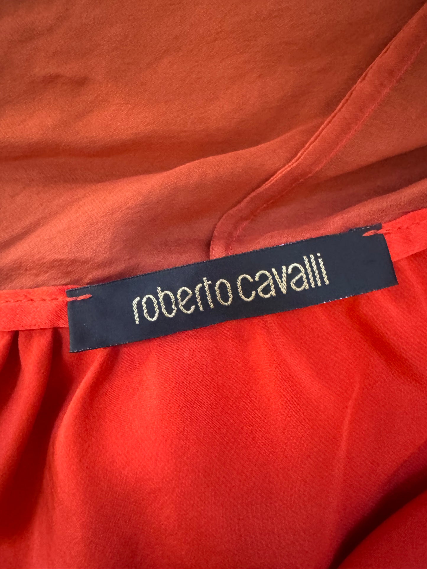 2006 RED/ORANGE ROBERTO CAVALLI SILK PUFF SLEEVE BUTTON DOWN TIE TOP