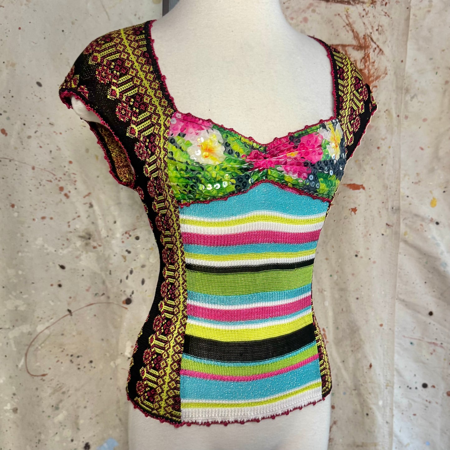 1990s CHRISTIAN LACROIX MULTICOLOR STRIPE SEQUIN KNIT TOP