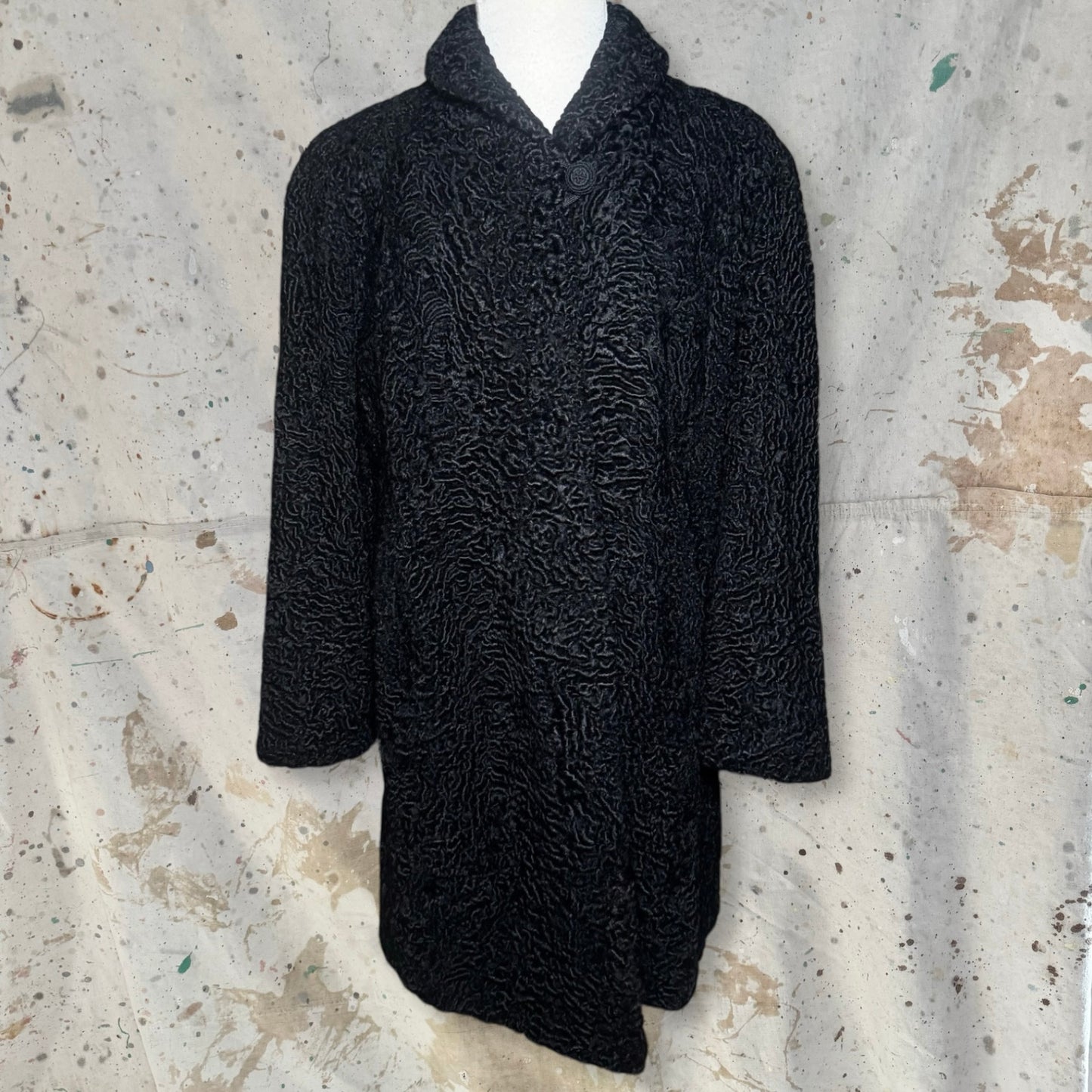 1950s BLACK PERSIAN LAMB FUR C JORGENSEN PASADENA SWING COAT