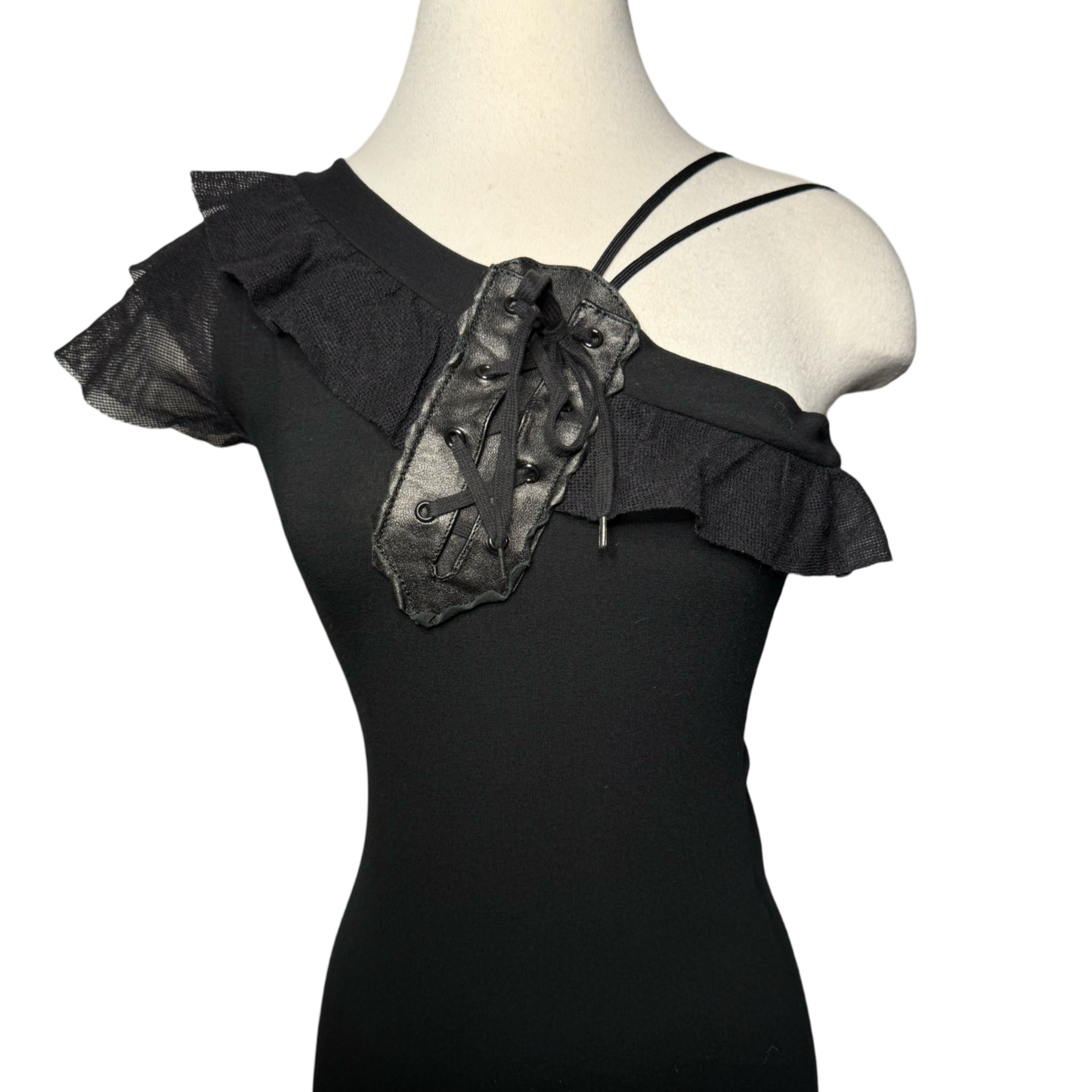 MOSCHINO HORIZONTAL LEATHER LACE FRONT TWISTED DRESS