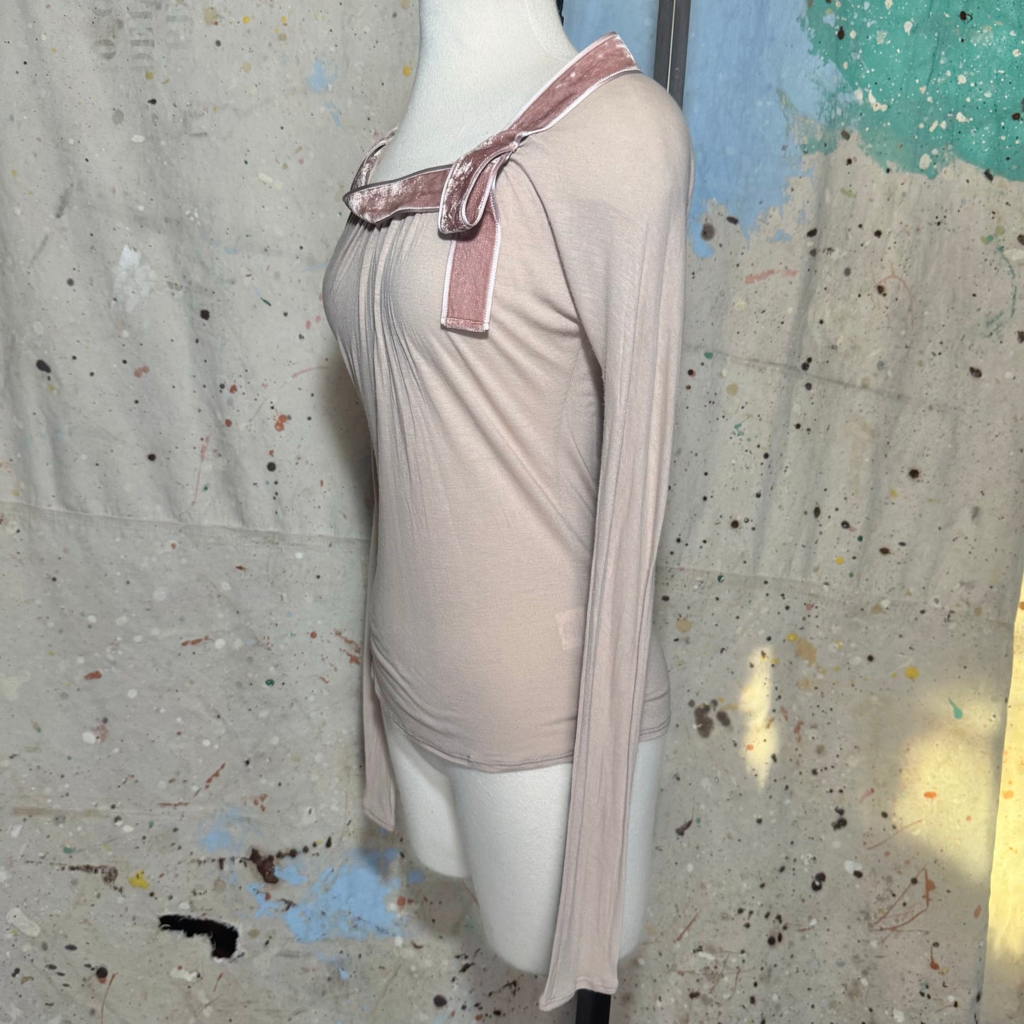 Gucci Tom Ford Dusty Pink Velvet Trim Long Sleeve Top