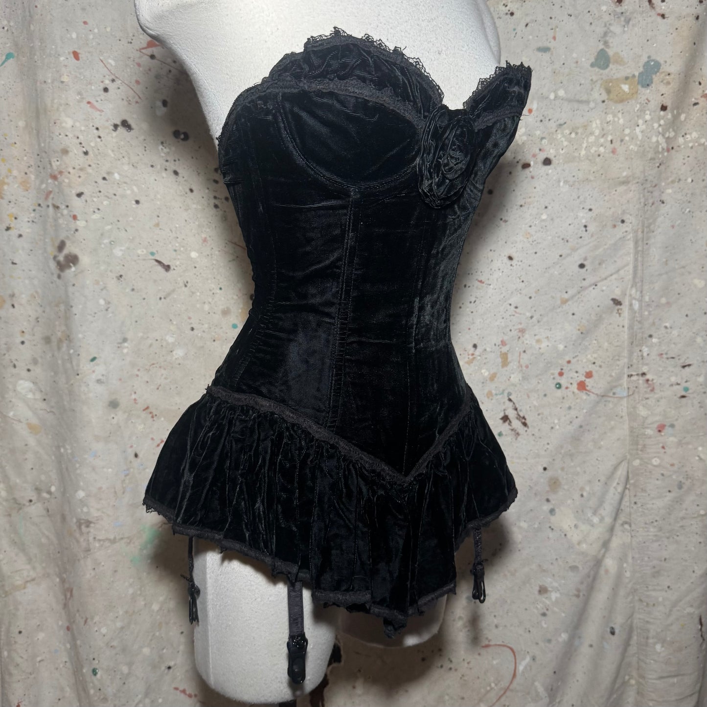 1990s TRASHY LINGERIE BLACK VELVET LACE FRILL FLOWER CORSET BUSTIER