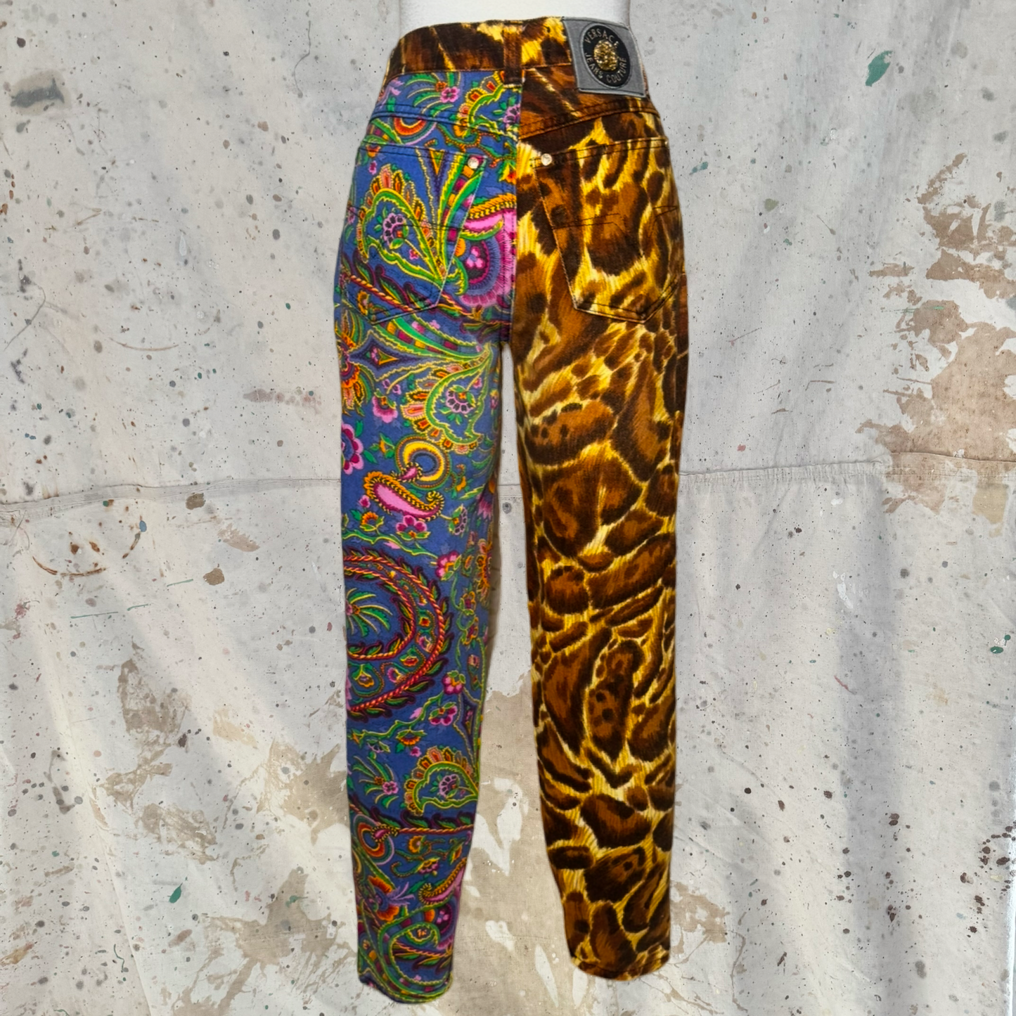 1994 VERSACE JEANS COUTURE LEOPARD PAISLEY BROCADE HIGH WAISTED PANTS