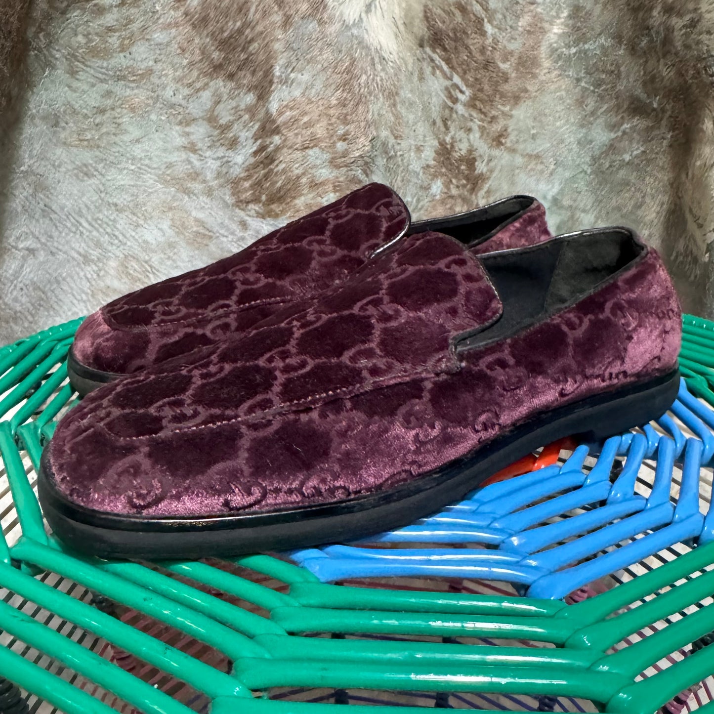 GUCCI PURPLE VELVET MONOGRAM LOGO LOAFERS 5