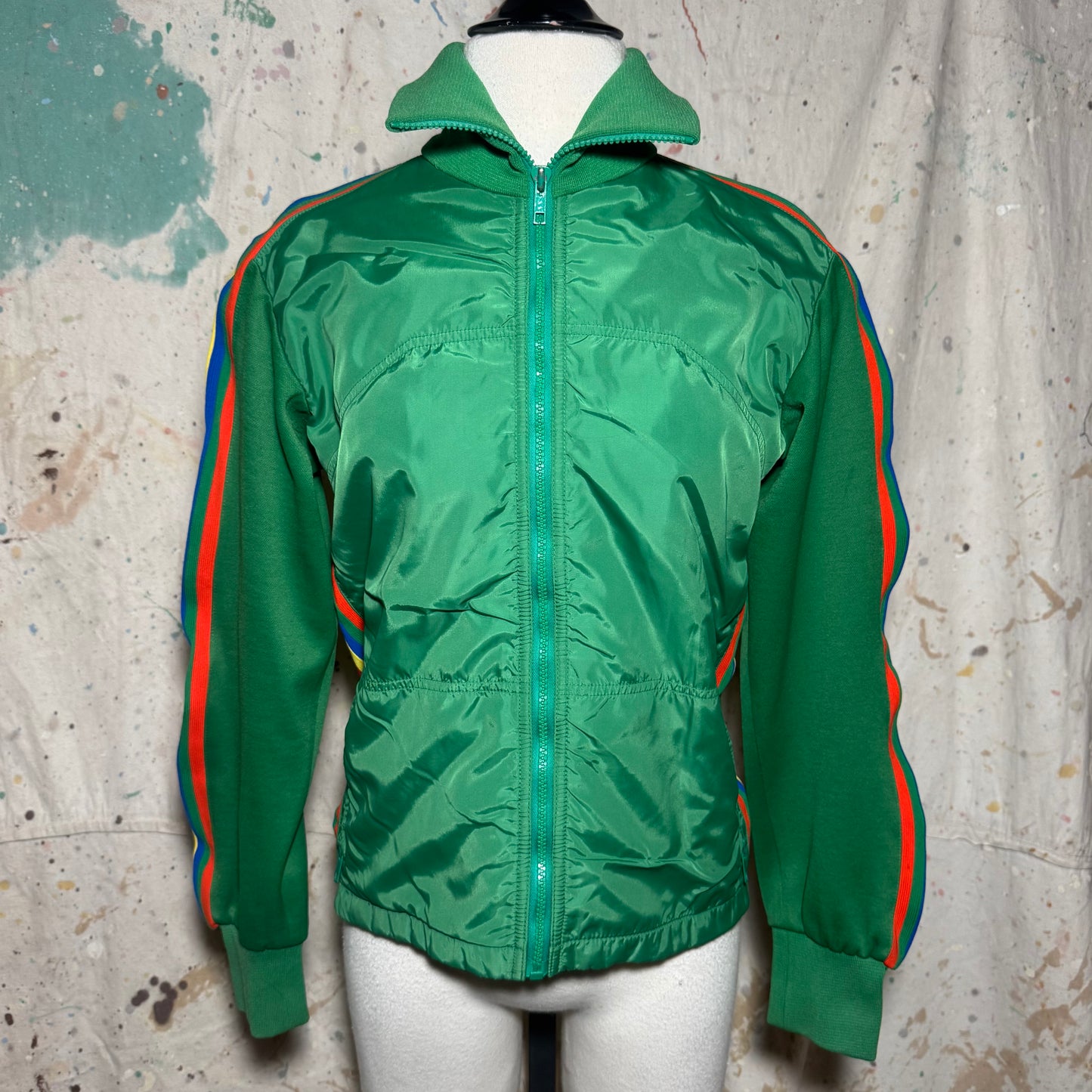 70s TOPHER MONTREAL RAINBOW STRIPE GREEN ZIP SKI TRACK JACKET