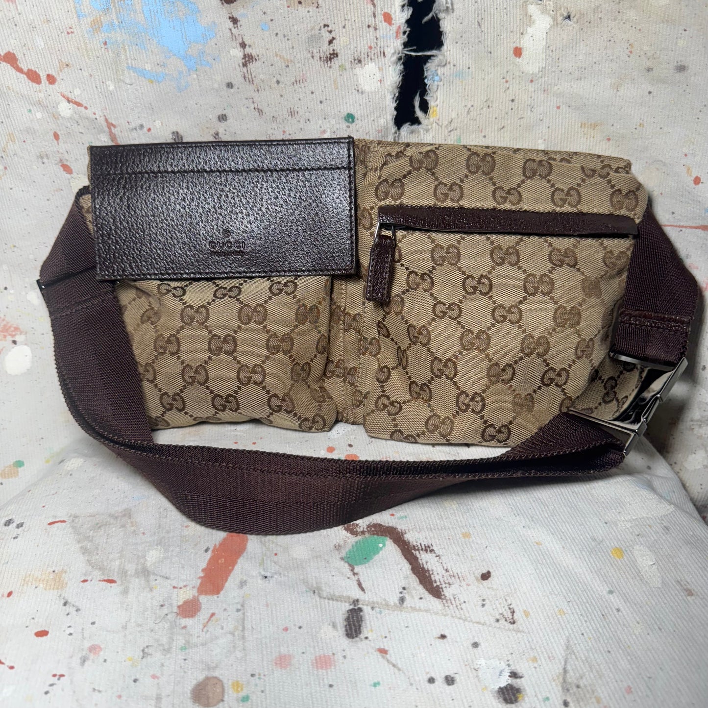 GUCCI BROWN GG MONOGRAM DOUBLE POCKET CANVAS BELT BAG