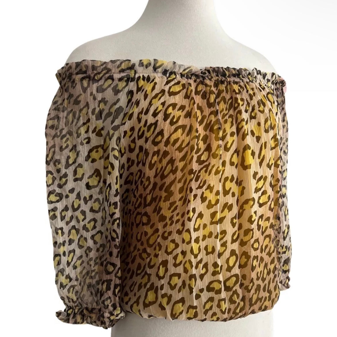 2000S BLUGIRL BLUMARINE OFF THE SHOULDER LEOPARD SILK TOP