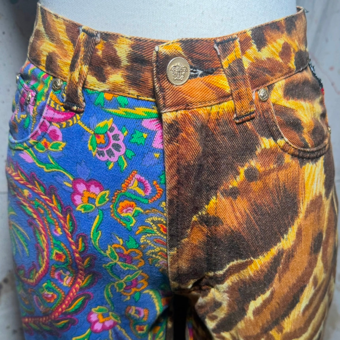 1994 VERSACE JEANS COUTURE LEOPARD PAISLEY BROCADE HIGH WAISTED PANTS
