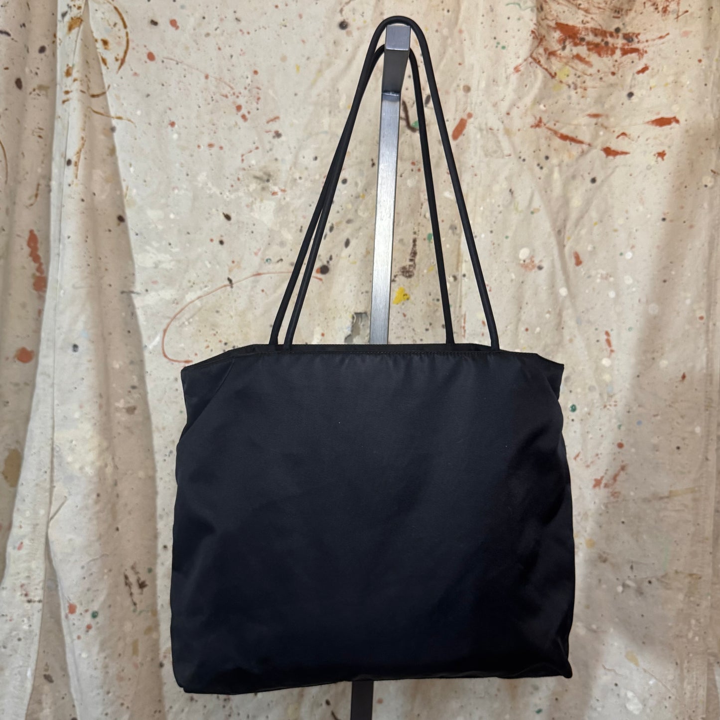 PRADA BLACK NYLON TRIANGLE LOGO TESSUTO CORD TOTE BAG