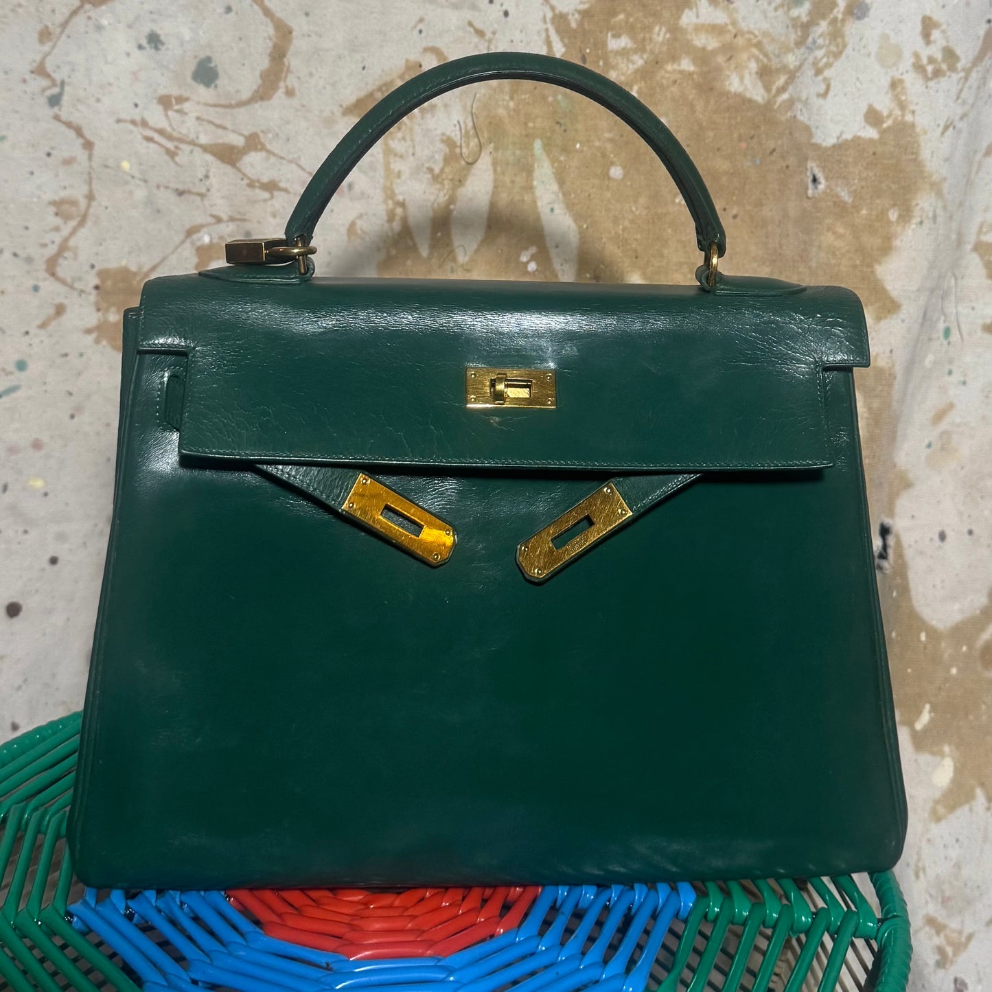 1960s / 1970s HERMES BOX SELLIER KELLY 32 VERT GREEN HANDBAG
