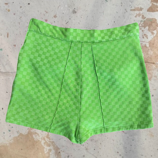 1990s VERSACE LIME GREEN CHECKERBOARD MEDUSA ZIP HIGH WAISTED HOT SHORTS