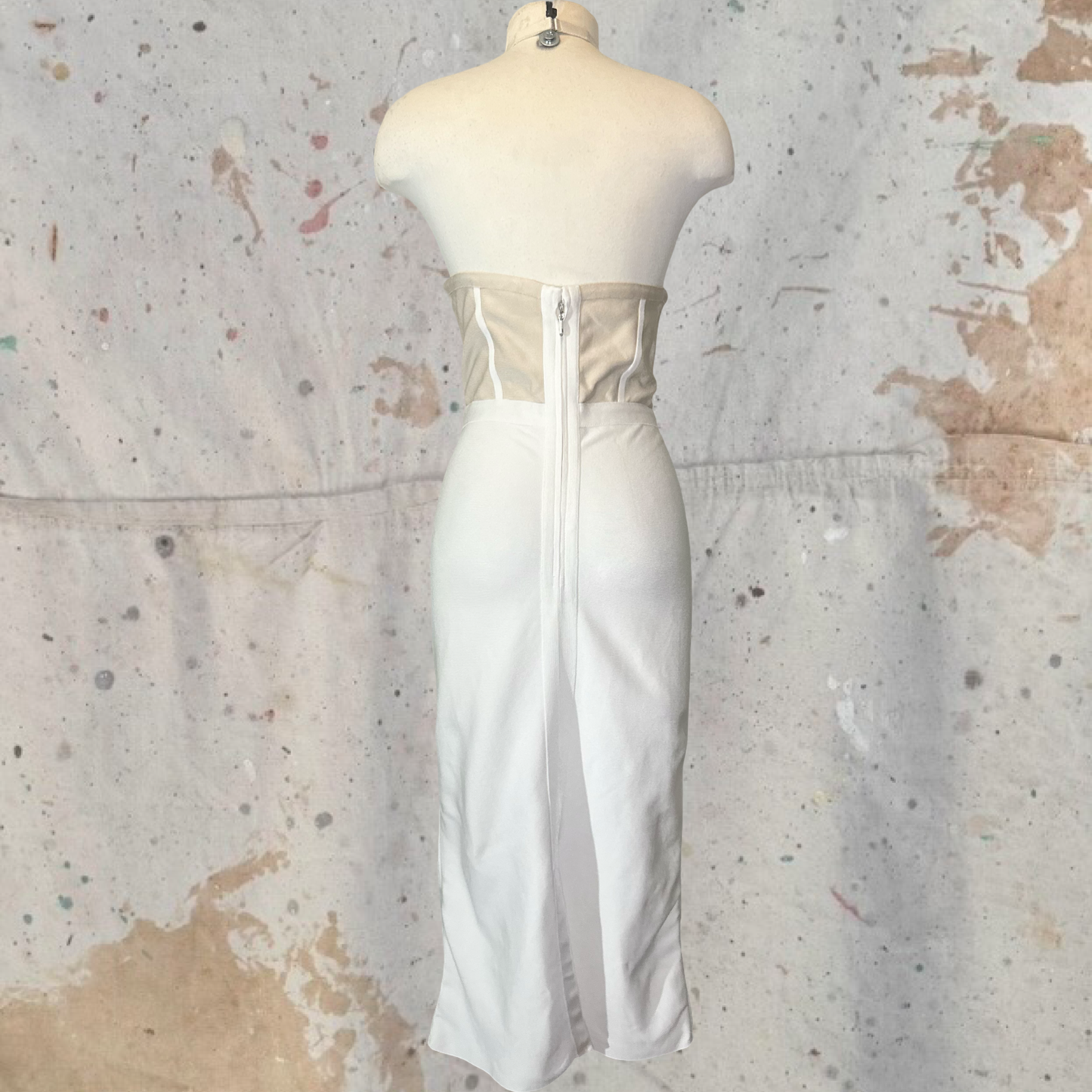 HERVE LEGER DRAPED HALTER FRINGE MIDI DRESS ADDISON