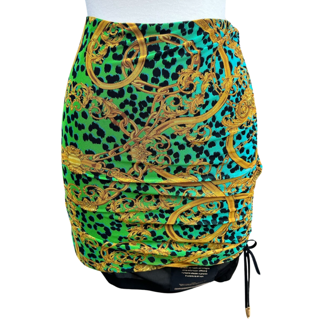 VERSACE JEANS COUTURE MESH DOUBLE LAYER LEOPARD CHAIN PRINT SKIRT