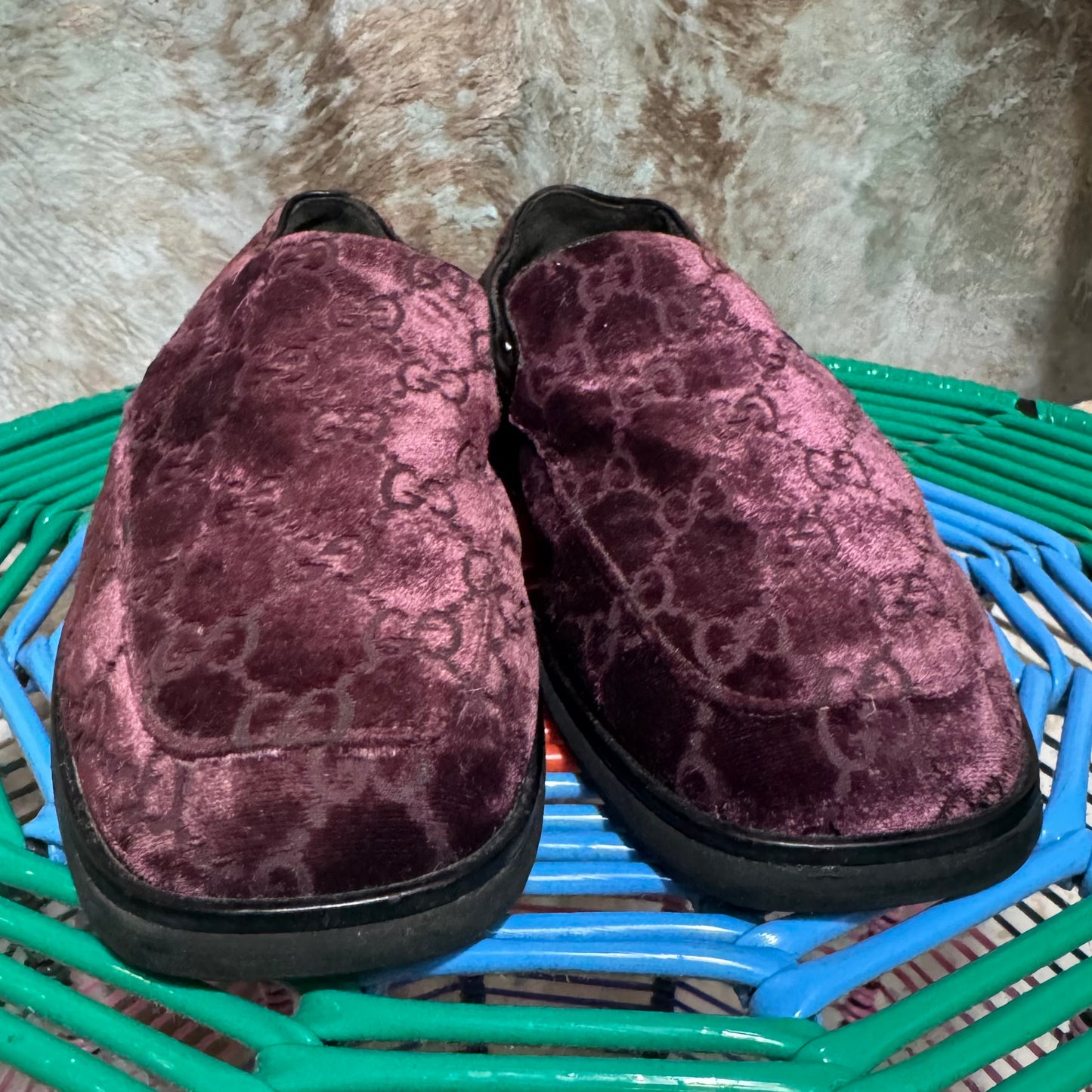 GUCCI PURPLE VELVET MONOGRAM LOGO LOAFERS 5