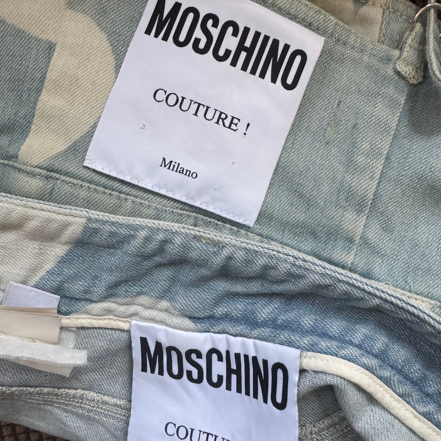 MOSCHINO COUTURE SS 2015 RUNWAY PRINTED DENIM BUSTIER & SHORTS SET