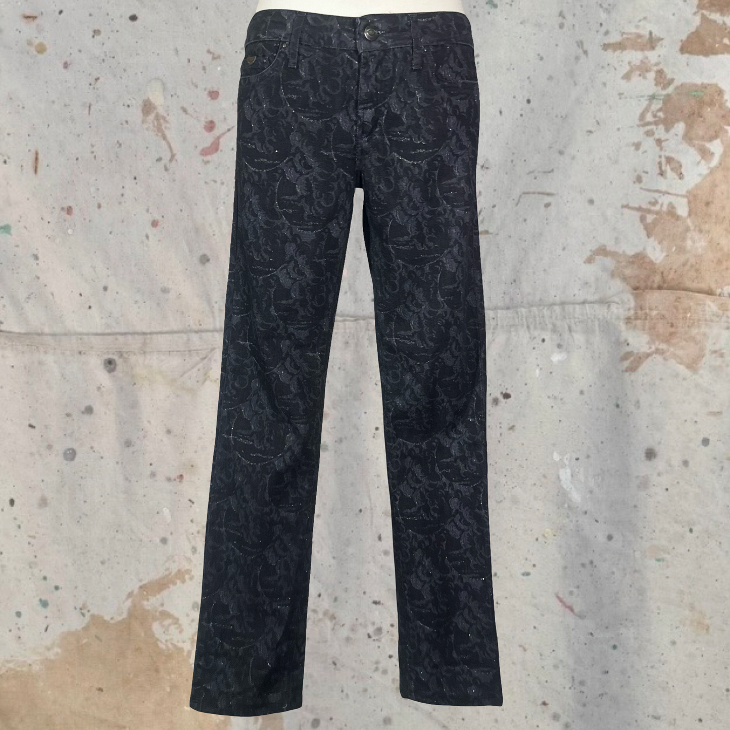 ROBERTO CAVALLI JUST CAVALLI BLACK GLITTER GRAPE ALL OVER PRINTED JEANS