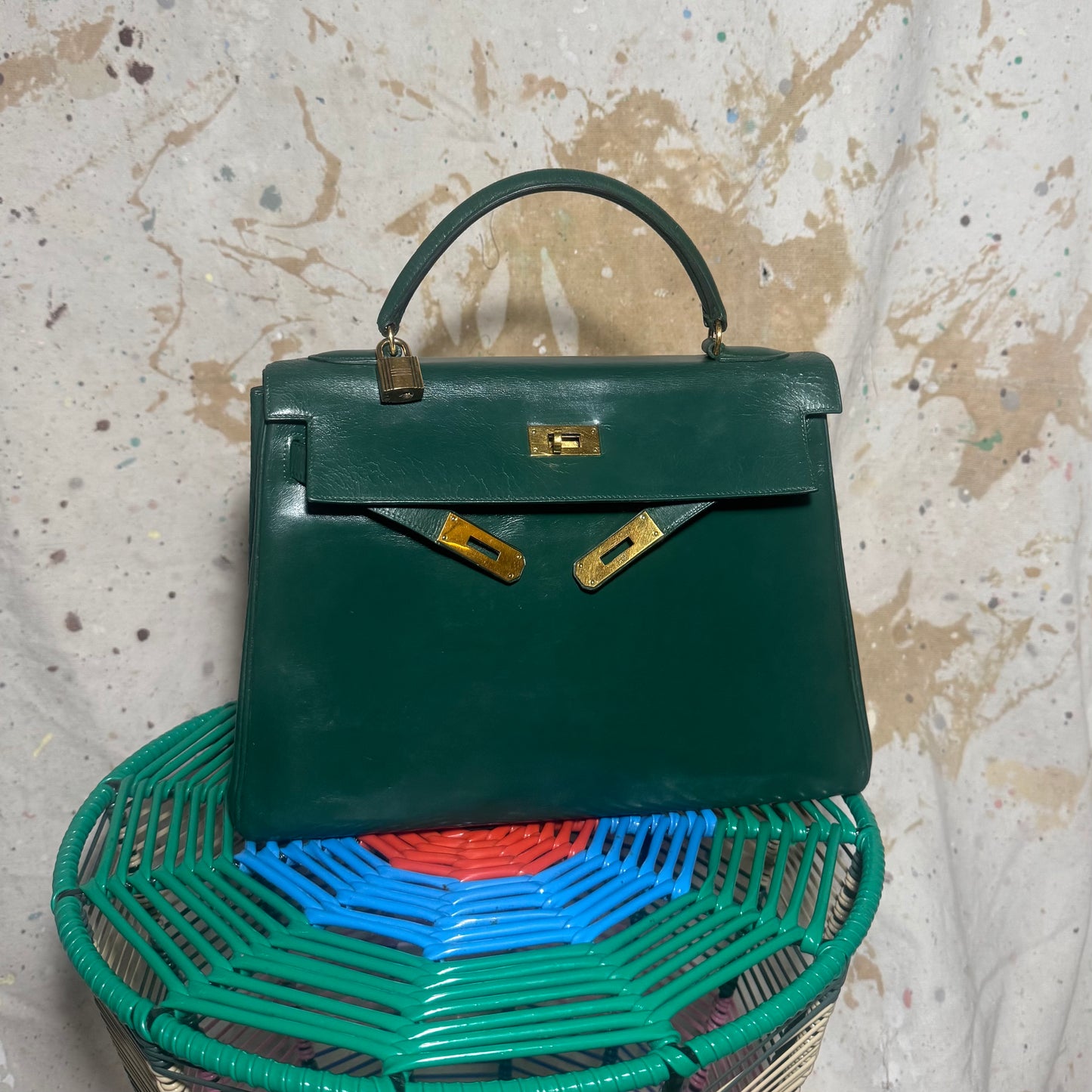 1960s / 1970s HERMES BOX SELLIER KELLY 32 VERT GREEN HANDBAG