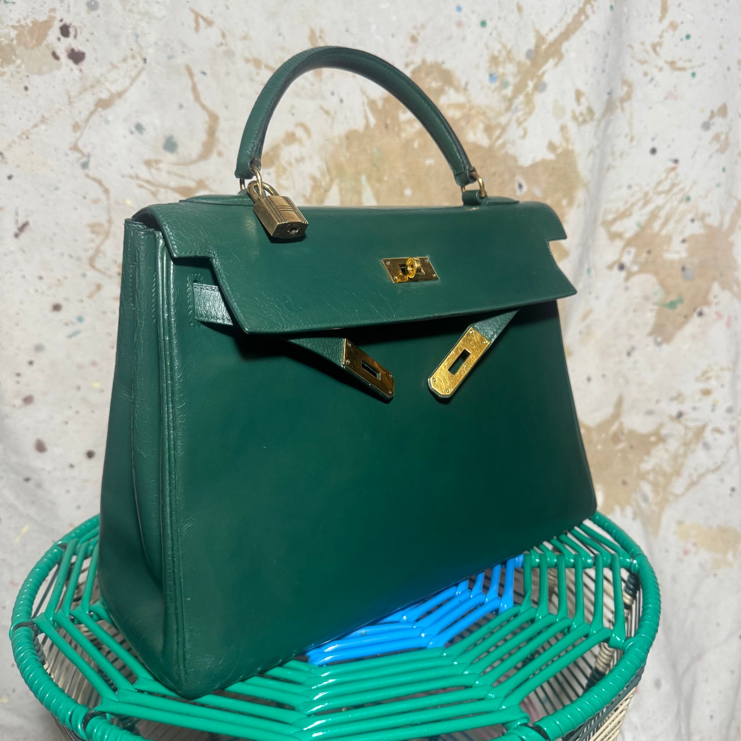 1960s / 1970s HERMES BOX SELLIER KELLY 32 VERT GREEN HANDBAG