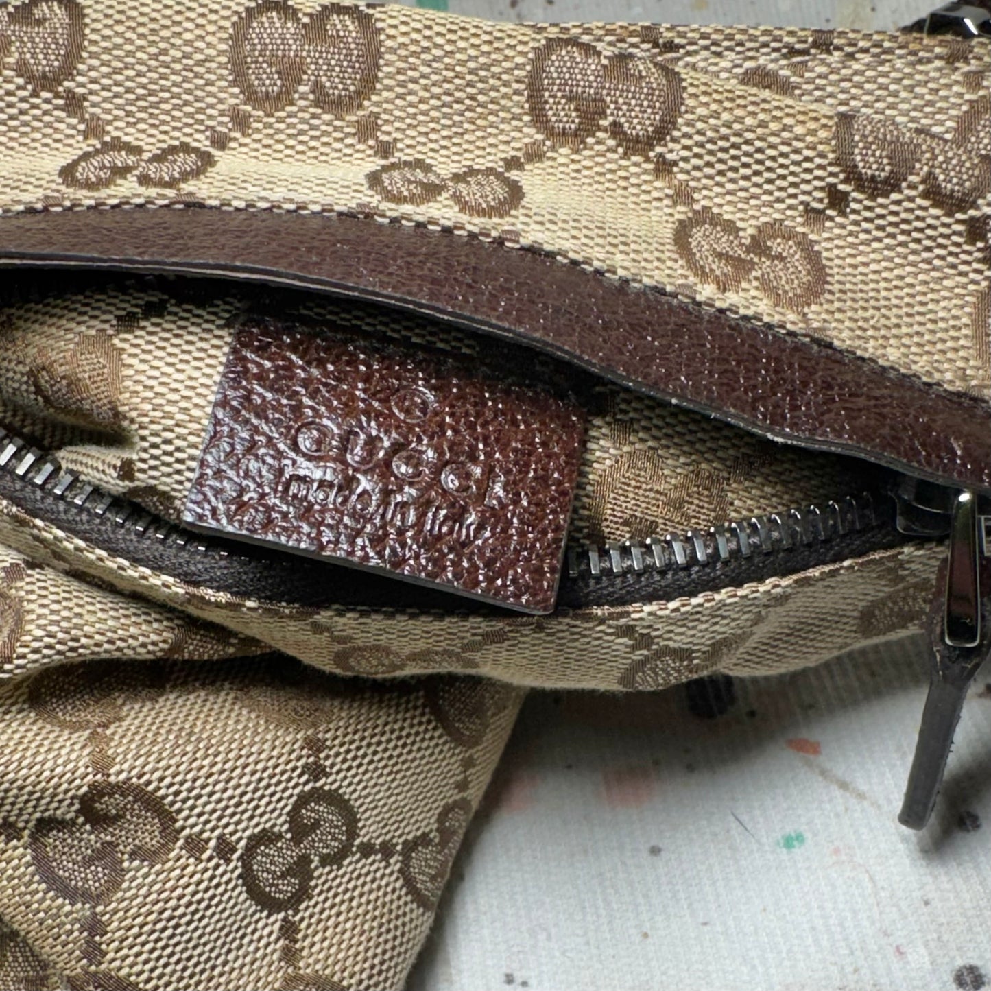 GUCCI BROWN GG MONOGRAM DOUBLE POCKET CANVAS BELT BAG