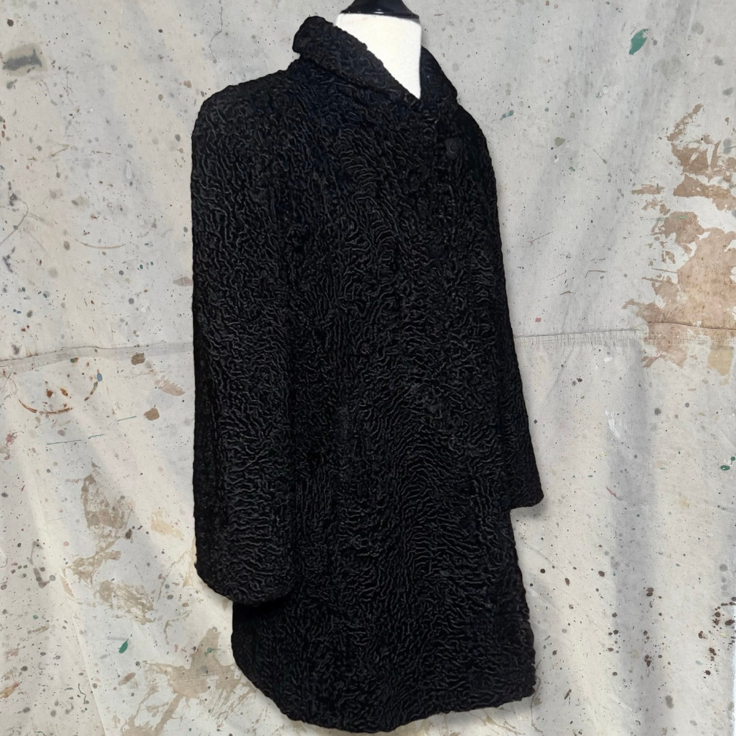 1950s BLACK PERSIAN LAMB FUR C JORGENSEN PASADENA SWING COAT