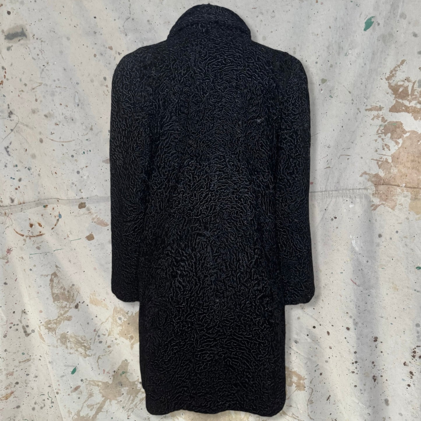 1950s BLACK PERSIAN LAMB FUR C JORGENSEN PASADENA SWING COAT