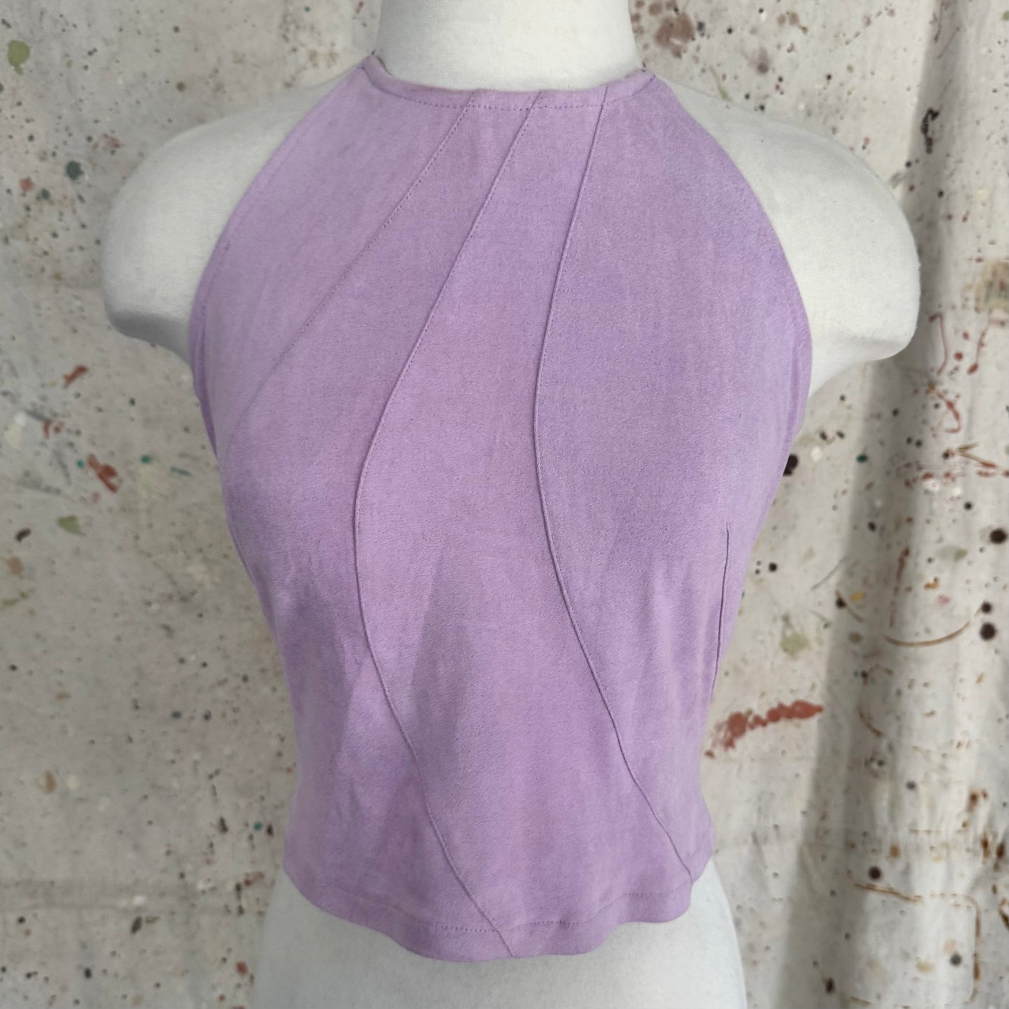 2000s PURPLE MICROSUEDE METAL RING HALTER TOP