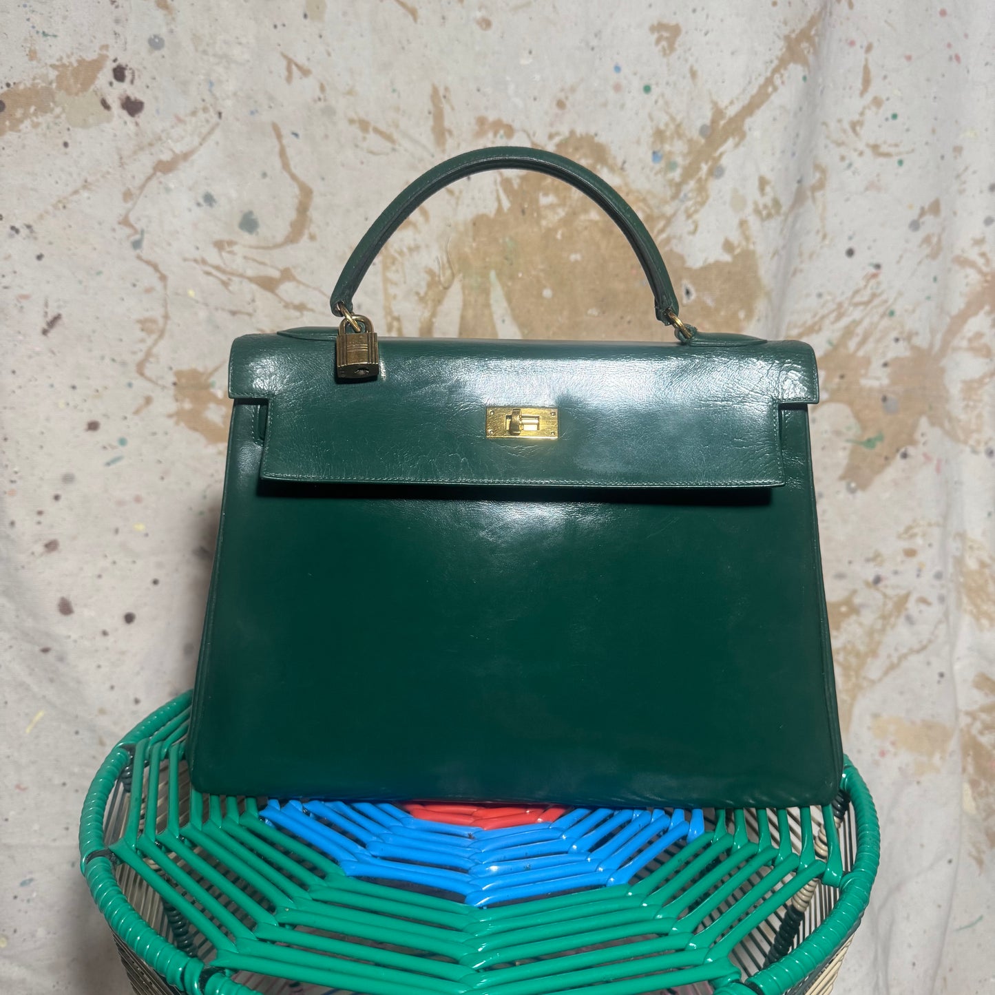 1960s / 1970s HERMES BOX SELLIER KELLY 32 VERT GREEN HANDBAG