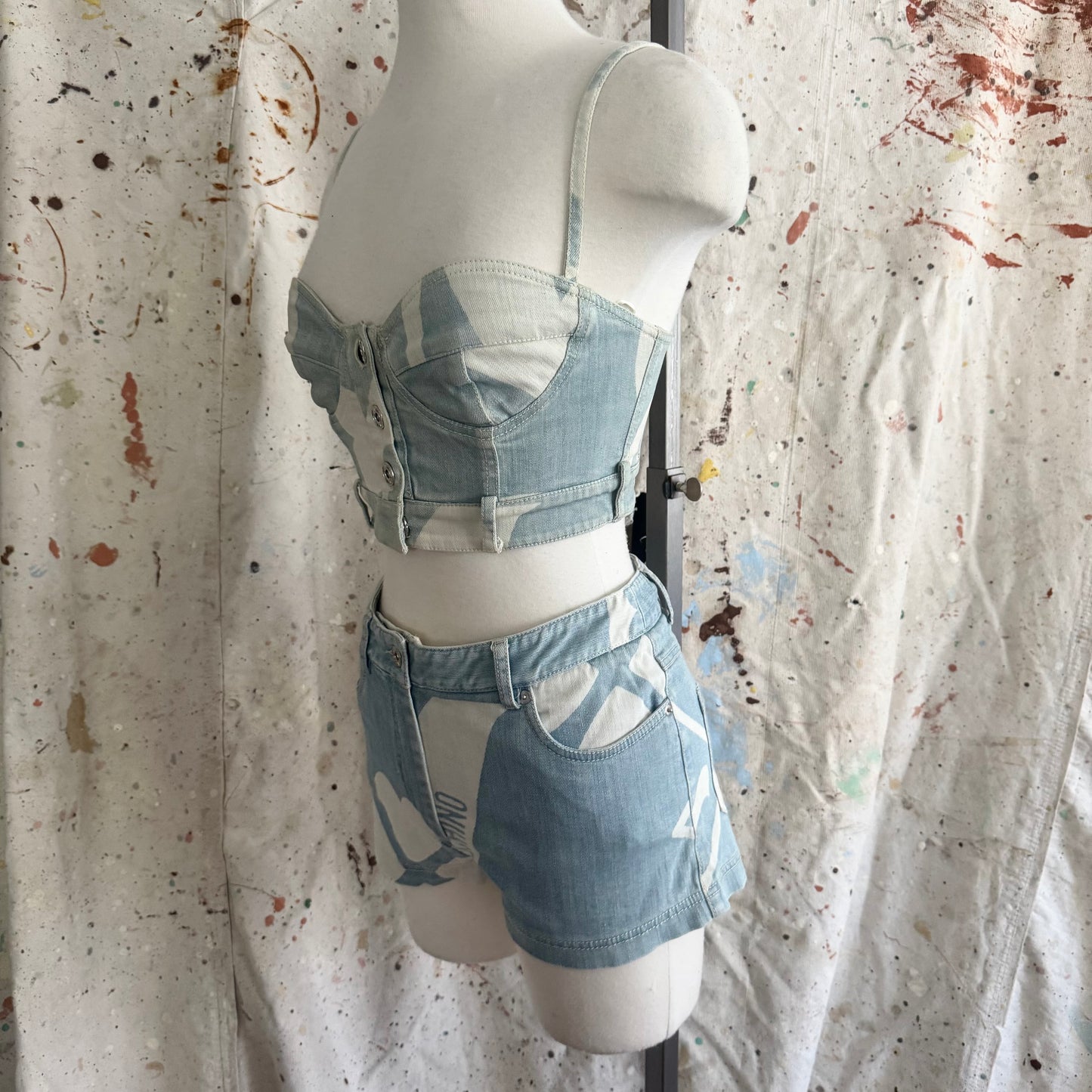 MOSCHINO COUTURE SS 2015 RUNWAY PRINTED DENIM BUSTIER & SHORTS SET