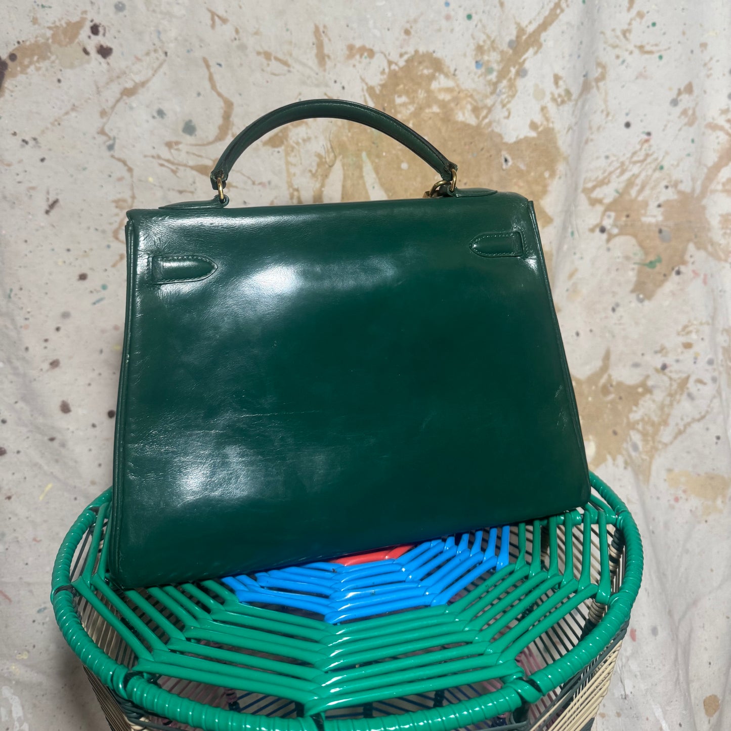 1960s / 1970s HERMES BOX SELLIER KELLY 32 VERT GREEN HANDBAG