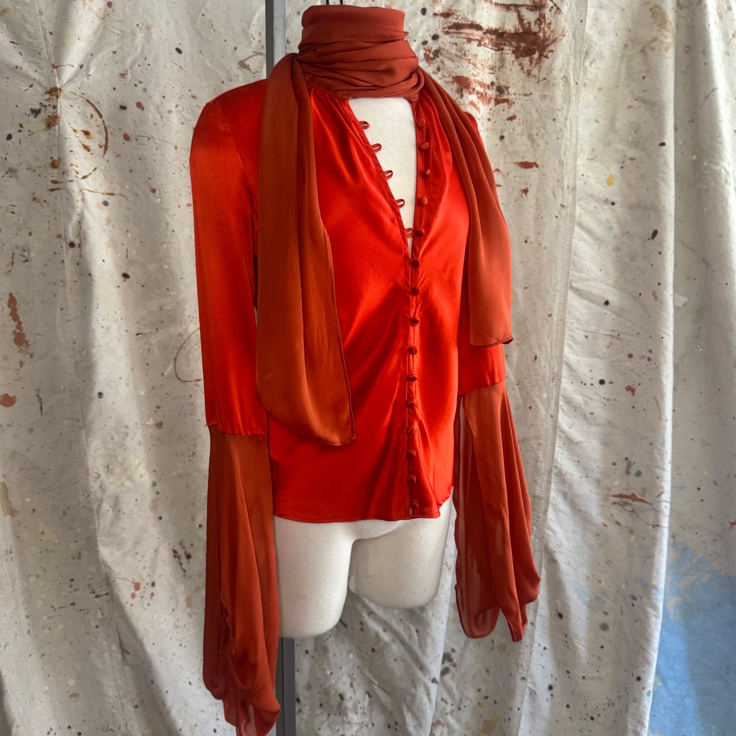 2006 RED/ORANGE ROBERTO CAVALLI SILK PUFF SLEEVE BUTTON DOWN TIE TOP