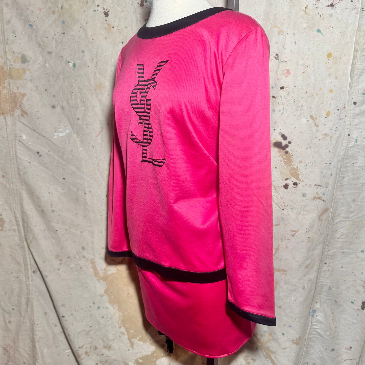 1980s YVES SAINT LAURENT PINK LOGO EMBROIDERED TWO PIECE SKIRT SET