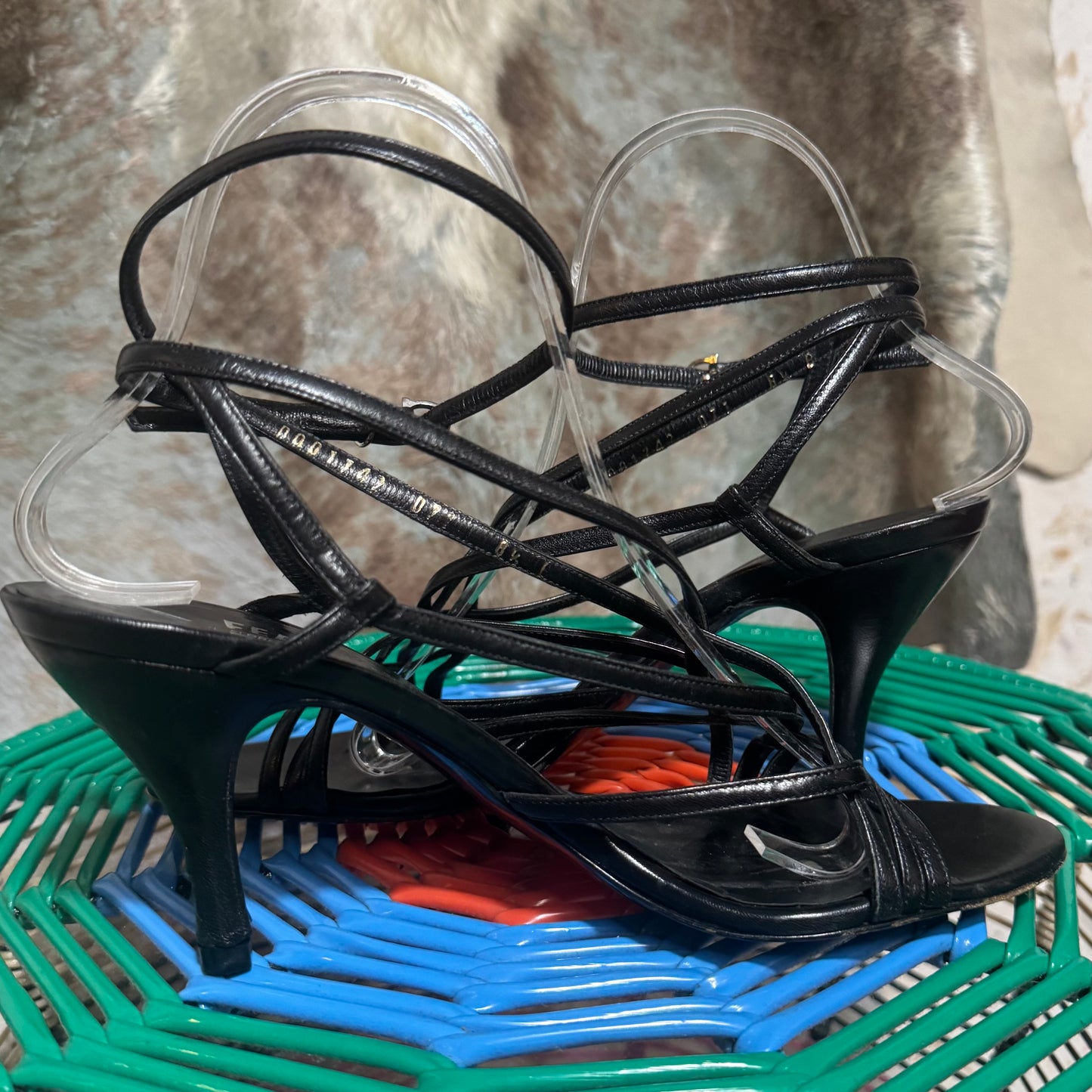 SALVATORE FERRAGAMO STRAPPY BLACK OPEN TOE SLINGBACK HEEL SANDALS 8.5