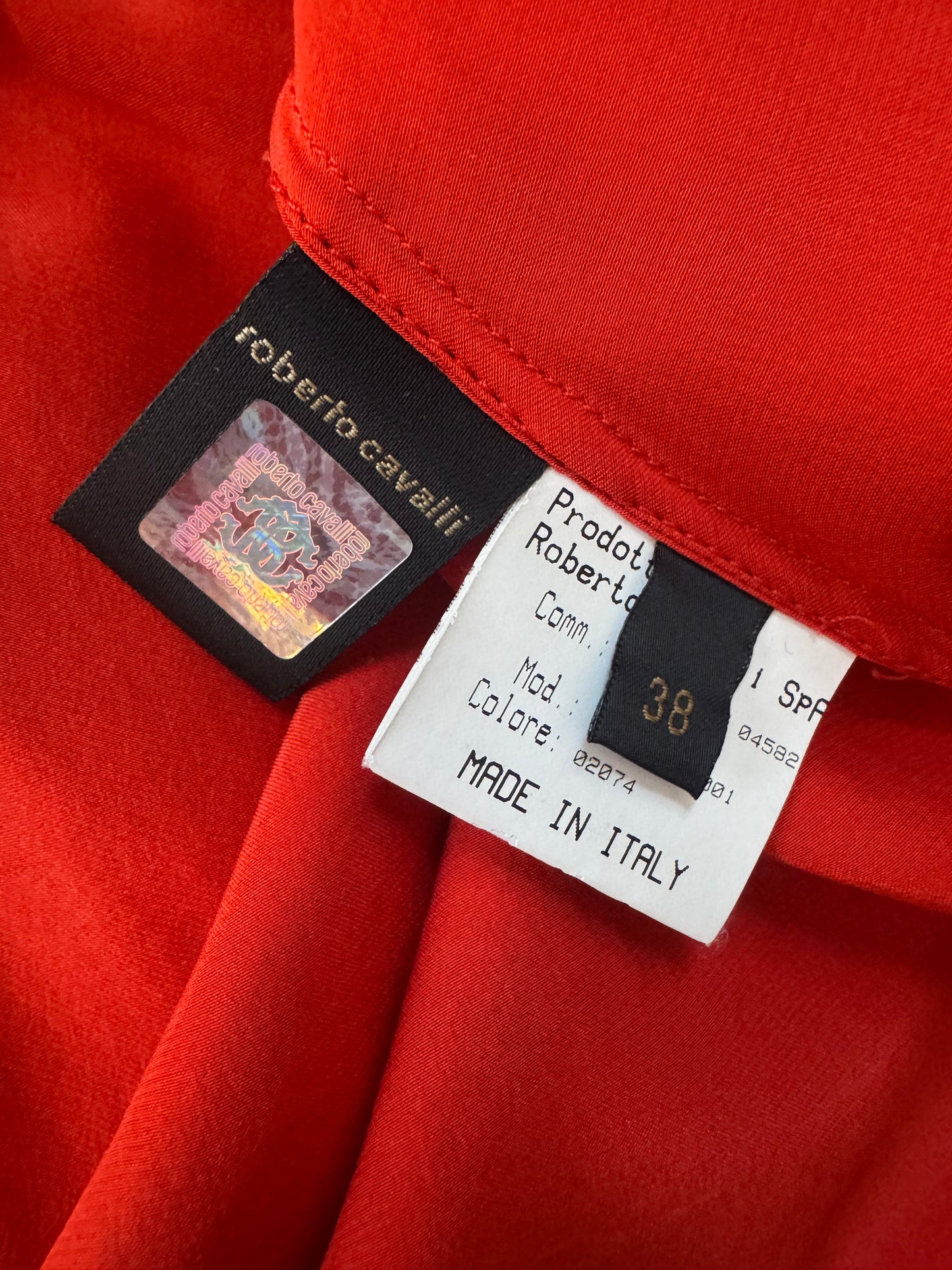 2006 RED/ORANGE ROBERTO CAVALLI SILK PUFF SLEEVE BUTTON DOWN TIE TOP