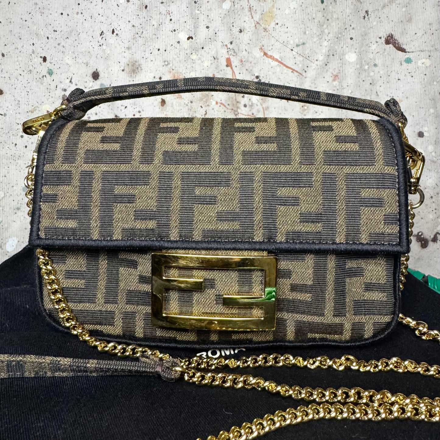 FENDI MINI BROWN FF MONOGRAM JACQUARD BAGUETTE