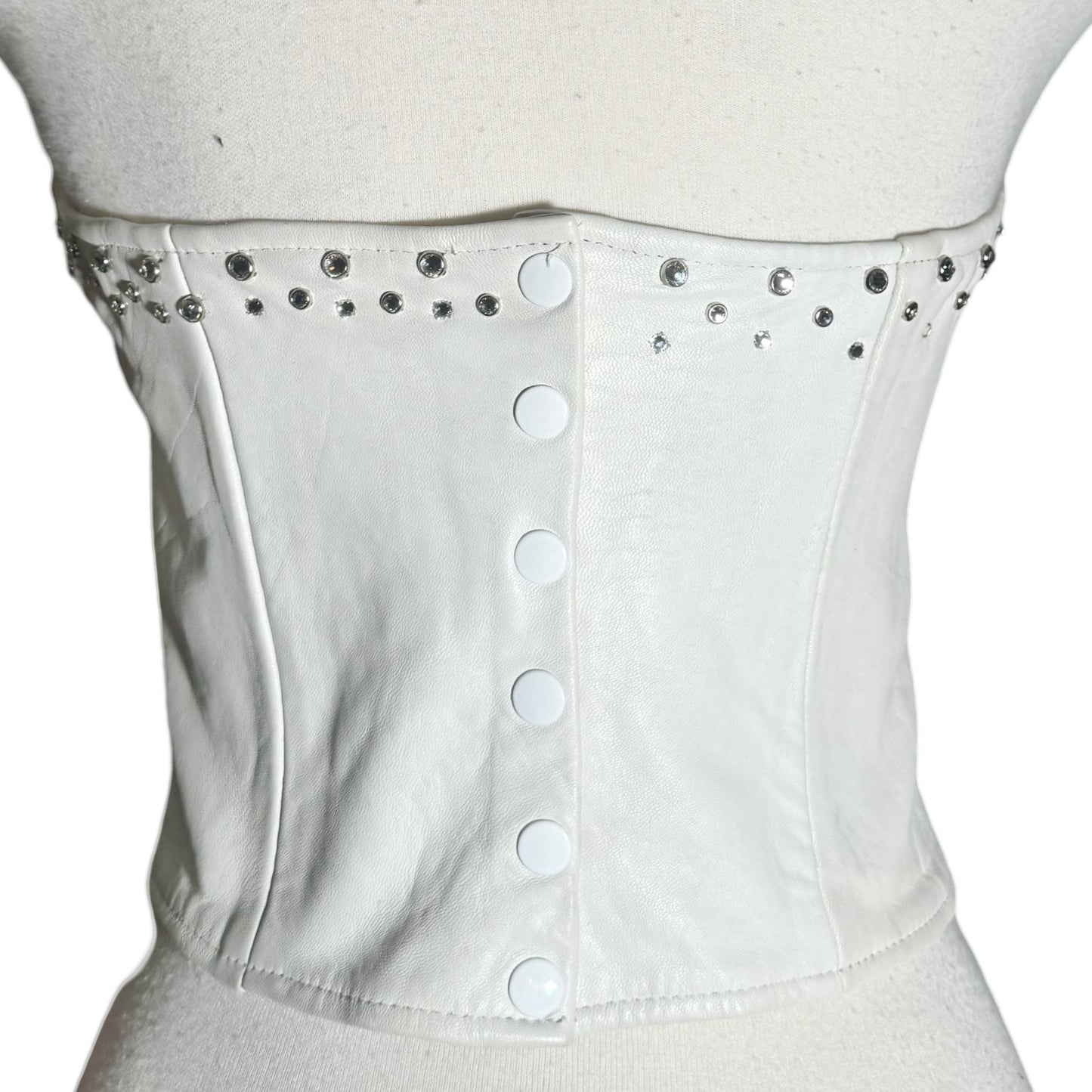 1980s WHITE LEATHER CRYSTAL STUDDED BUSTIER TOP