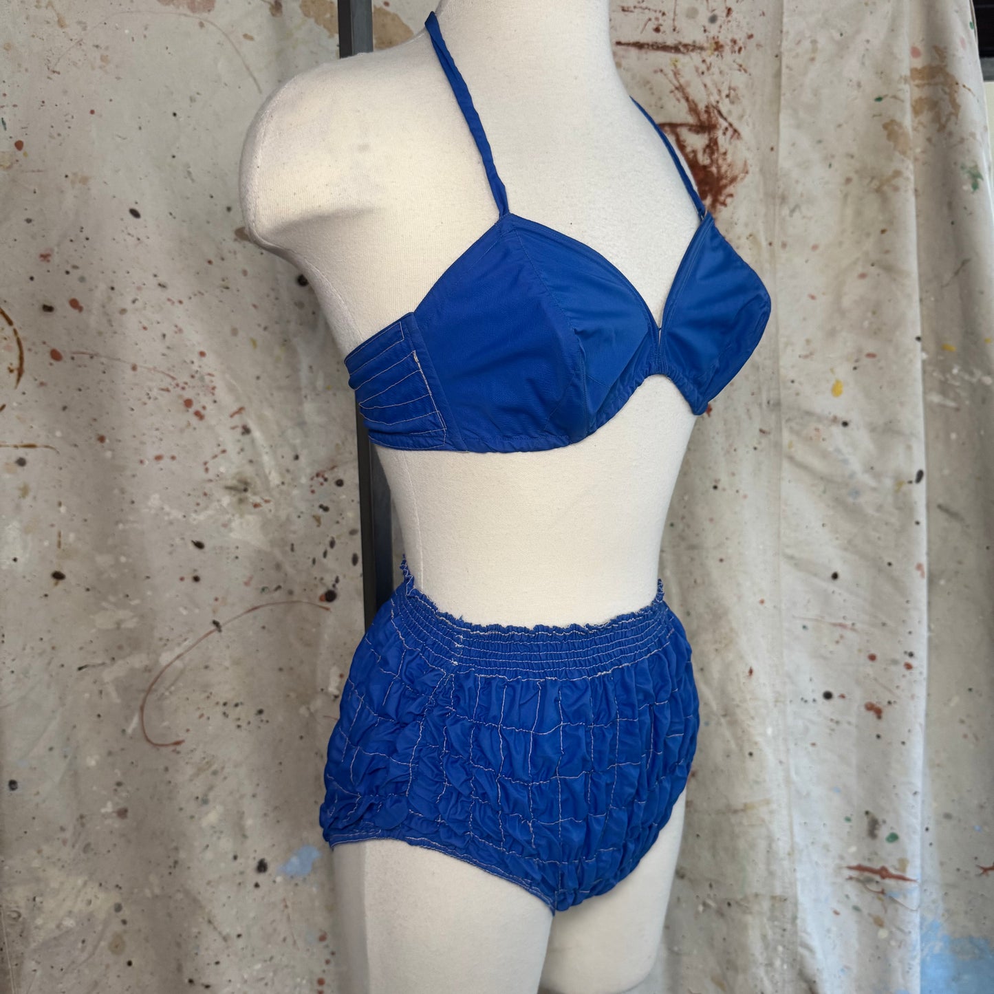 1940s BLUE TWO PIECE RUCHED BIKINI SWIMSUIT