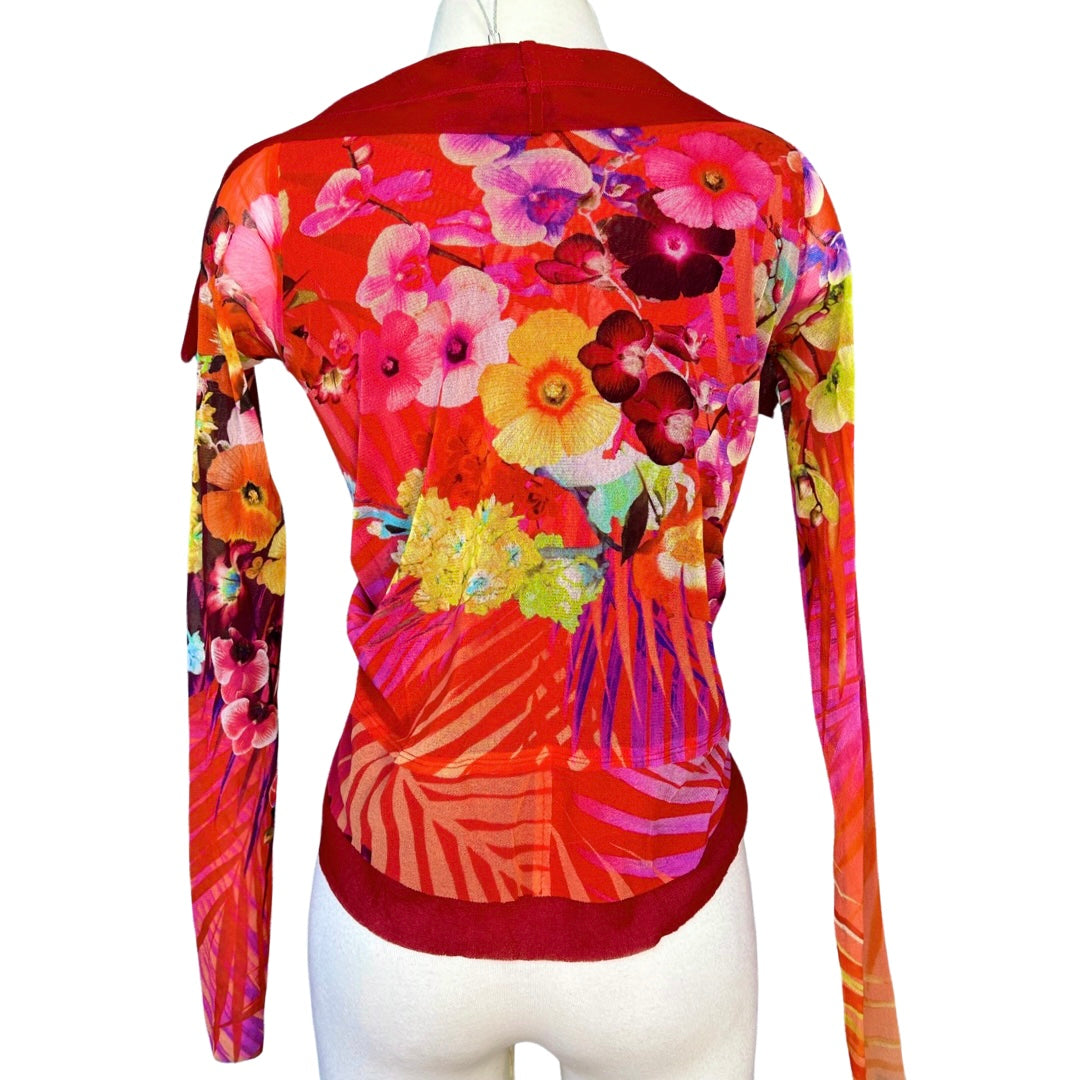 FUZZI MESH BIRD OF PARADISE FLORAL PRINT TIE FRONT CARDIGAN