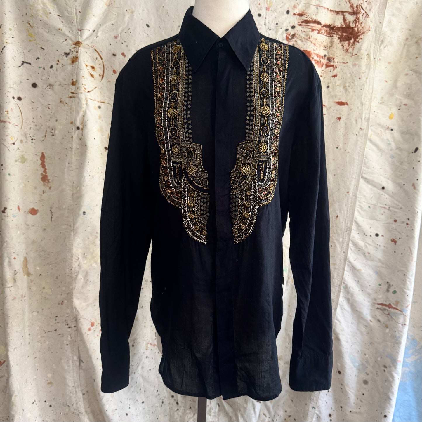 2000s ROBERTO CAVALLI MENS BEADED EMBROIDERED BUTTON UP COLLARED SHIRT 52