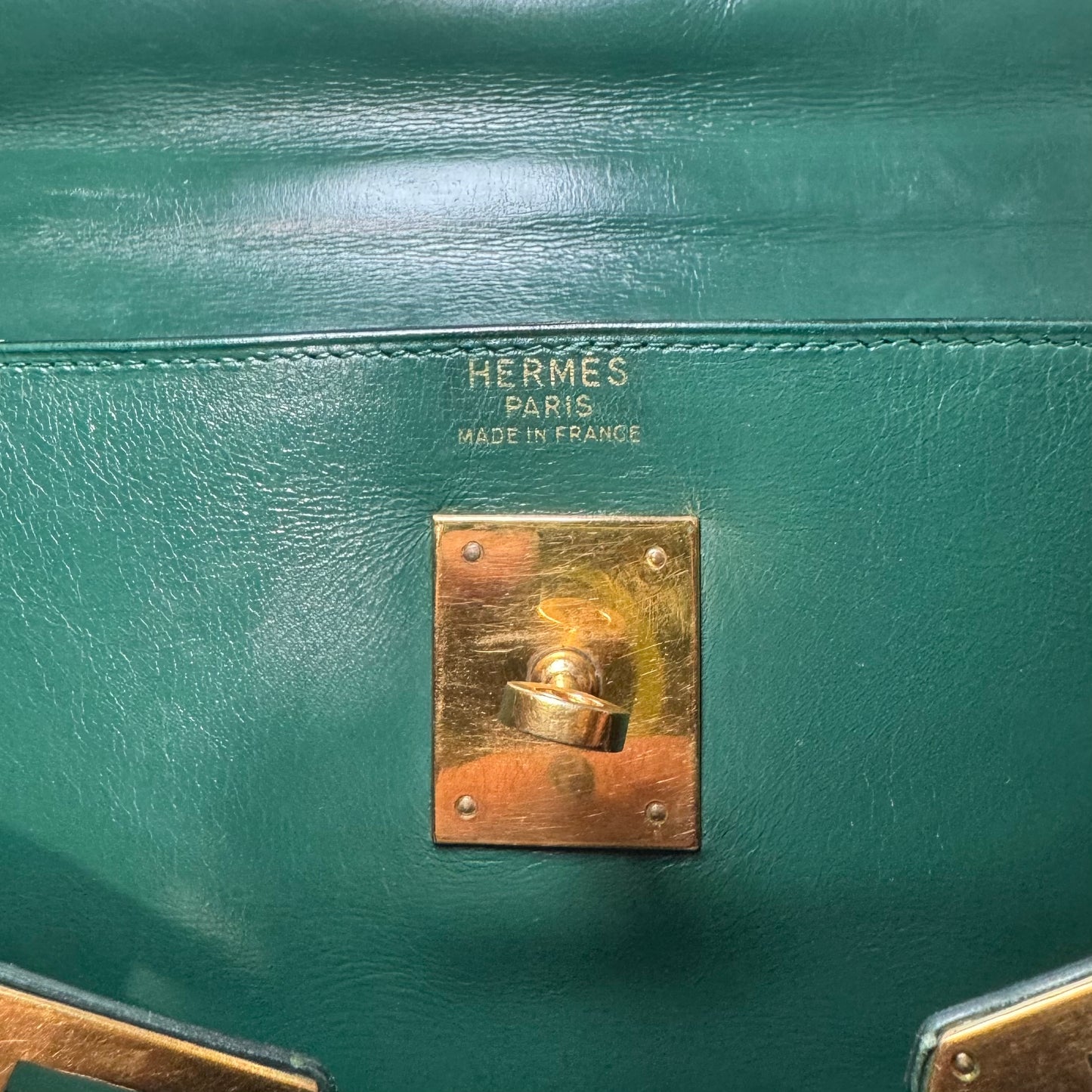1960s / 1970s HERMES BOX SELLIER KELLY 32 VERT GREEN HANDBAG