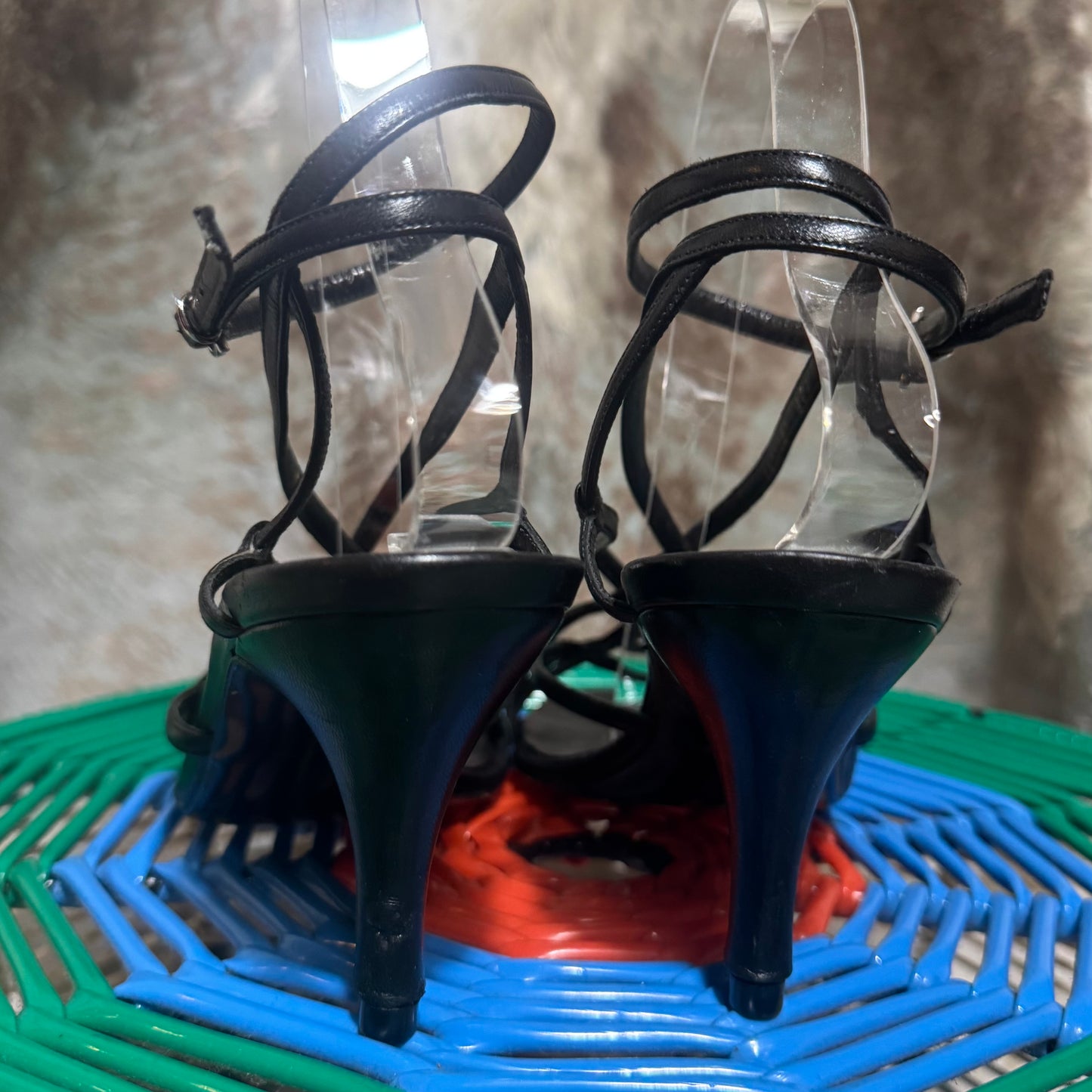 SALVATORE FERRAGAMO STRAPPY BLACK OPEN TOE SLINGBACK HEEL SANDALS 8.5