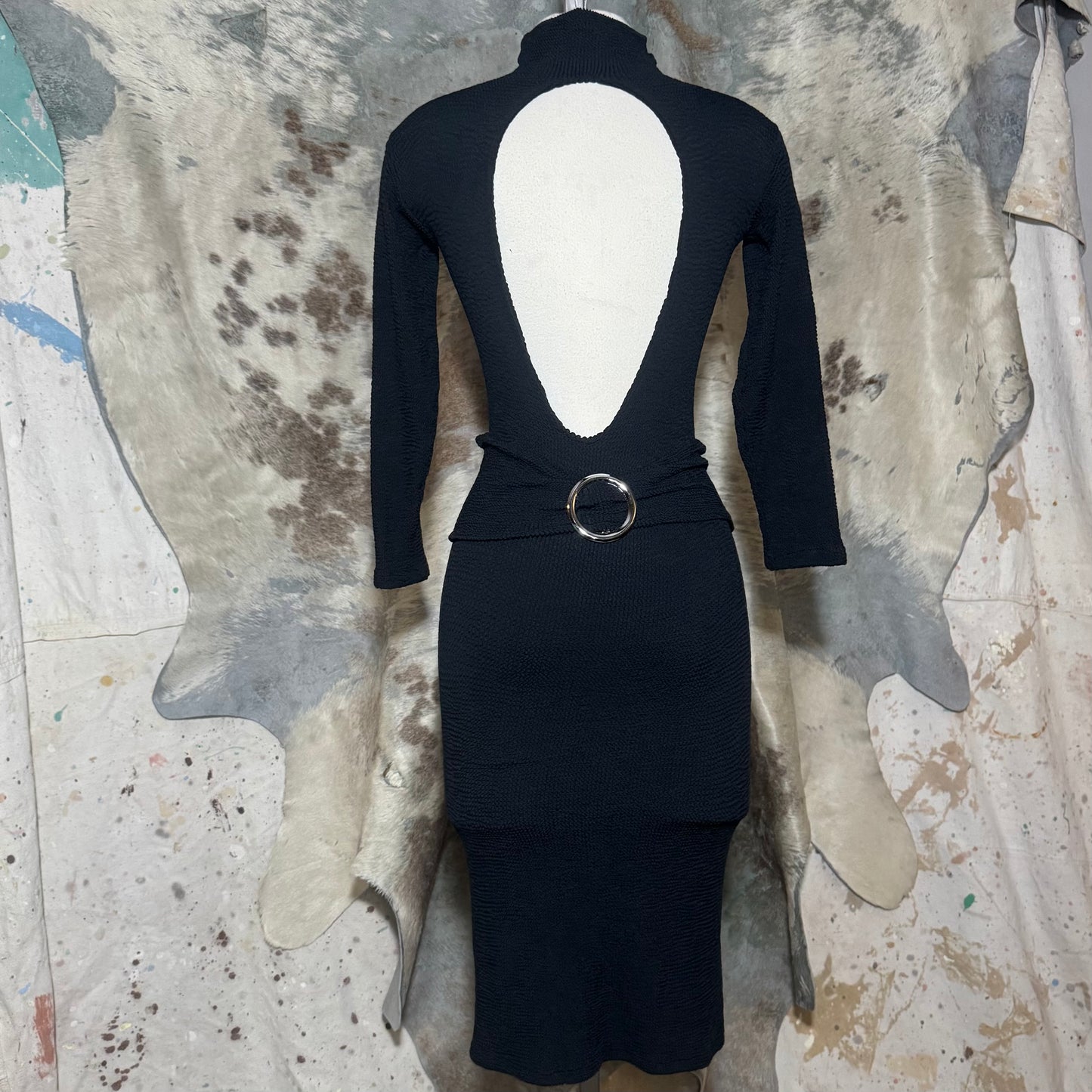 80s / 90s TRIPP NYC DAANG GOODMAN LOW OPEN BACK BLACK 3/4 SLEEVE DRESS
