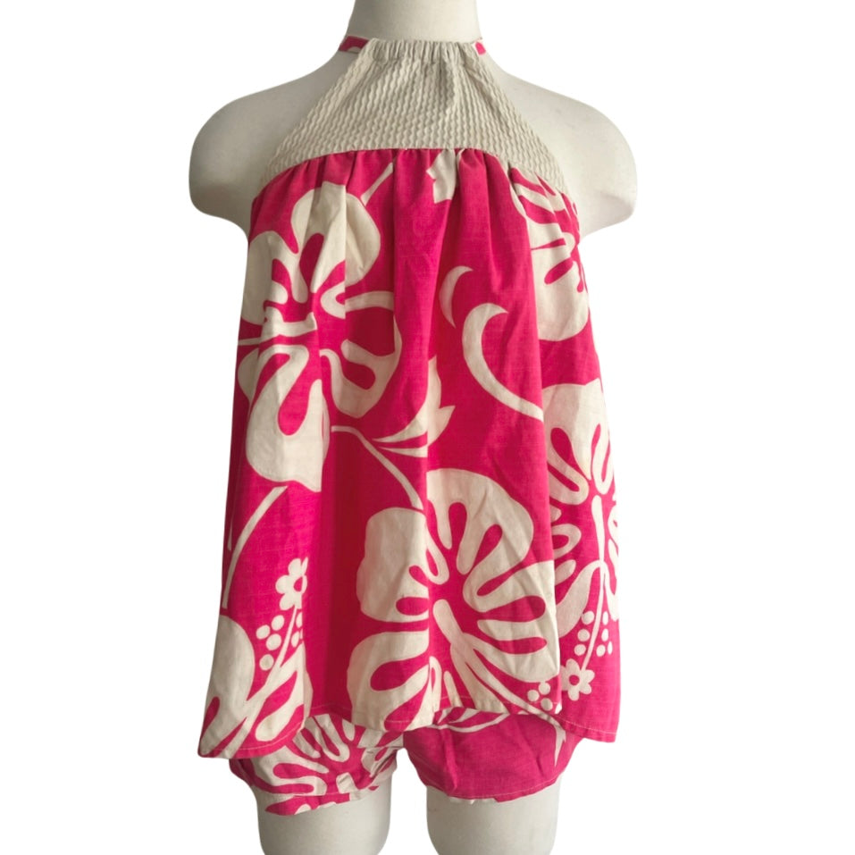 1960s VINTAGE PINK HAWAIIAN 2PC HALTER TOP AND HOT SHORTS