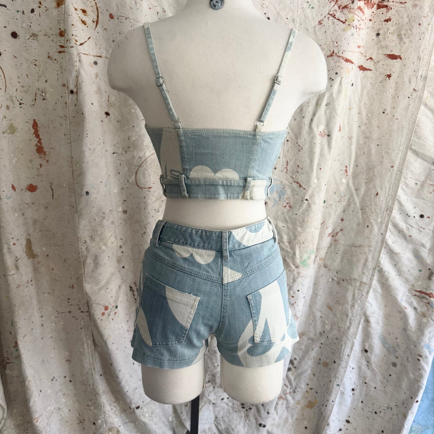 MOSCHINO COUTURE SS 2015 RUNWAY PRINTED DENIM BUSTIER & SHORTS SET