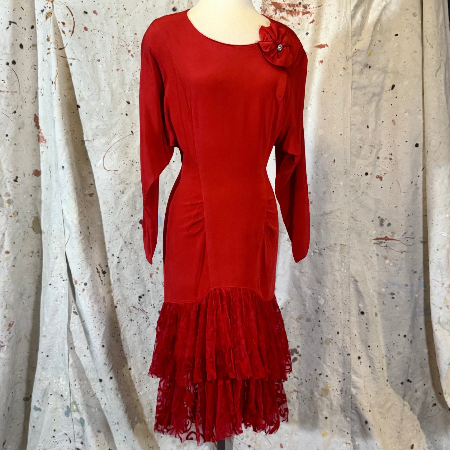 70s / 80s ITALIAN DESIGNER RED SILK LONG SLEEVE BACKLESS VELVET MERMAID TIERED HEM DRESS