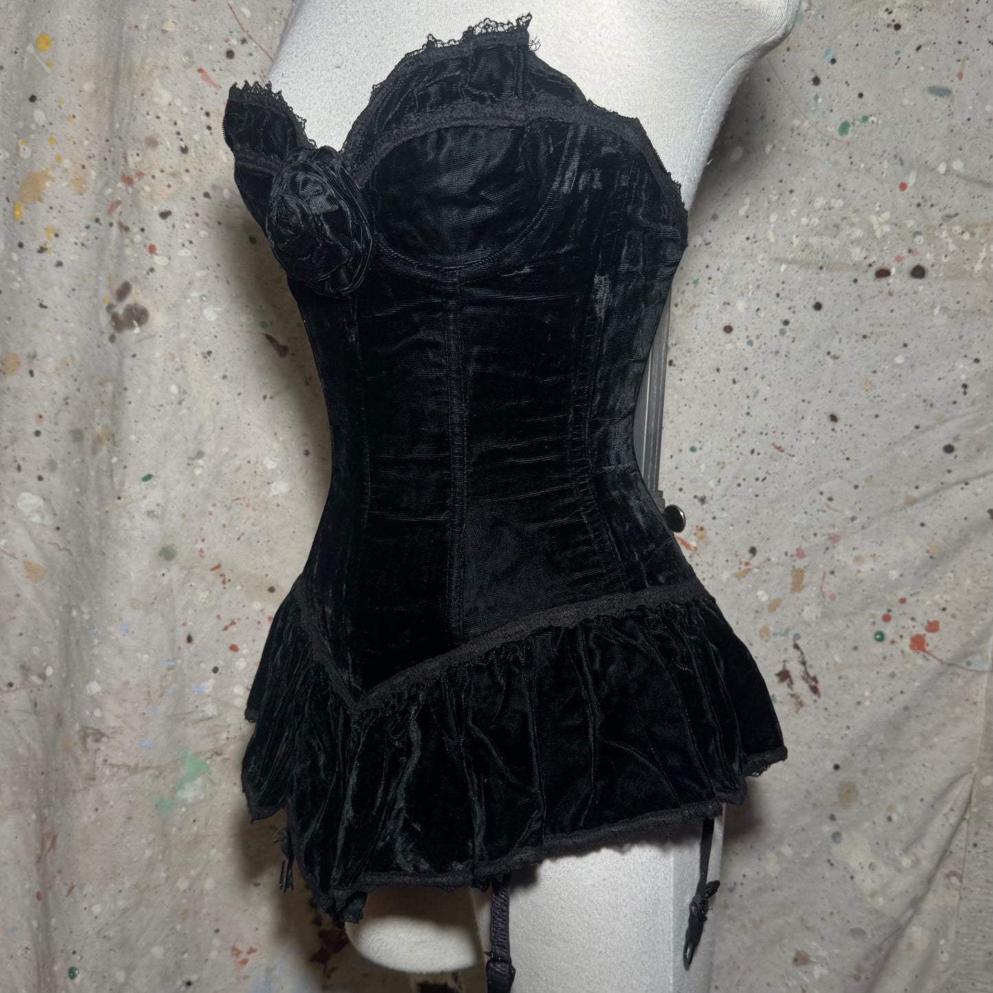 1990s TRASHY LINGERIE BLACK VELVET LACE FRILL FLOWER CORSET BUSTIER